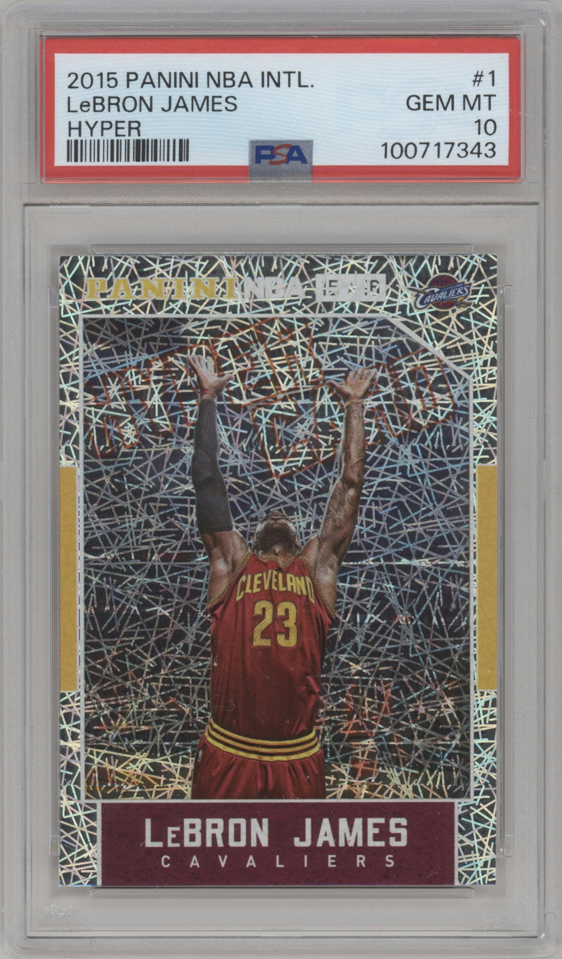 LeBron James from the 2015-16 Panini International set graded by PSA and given an overall grade of 10.