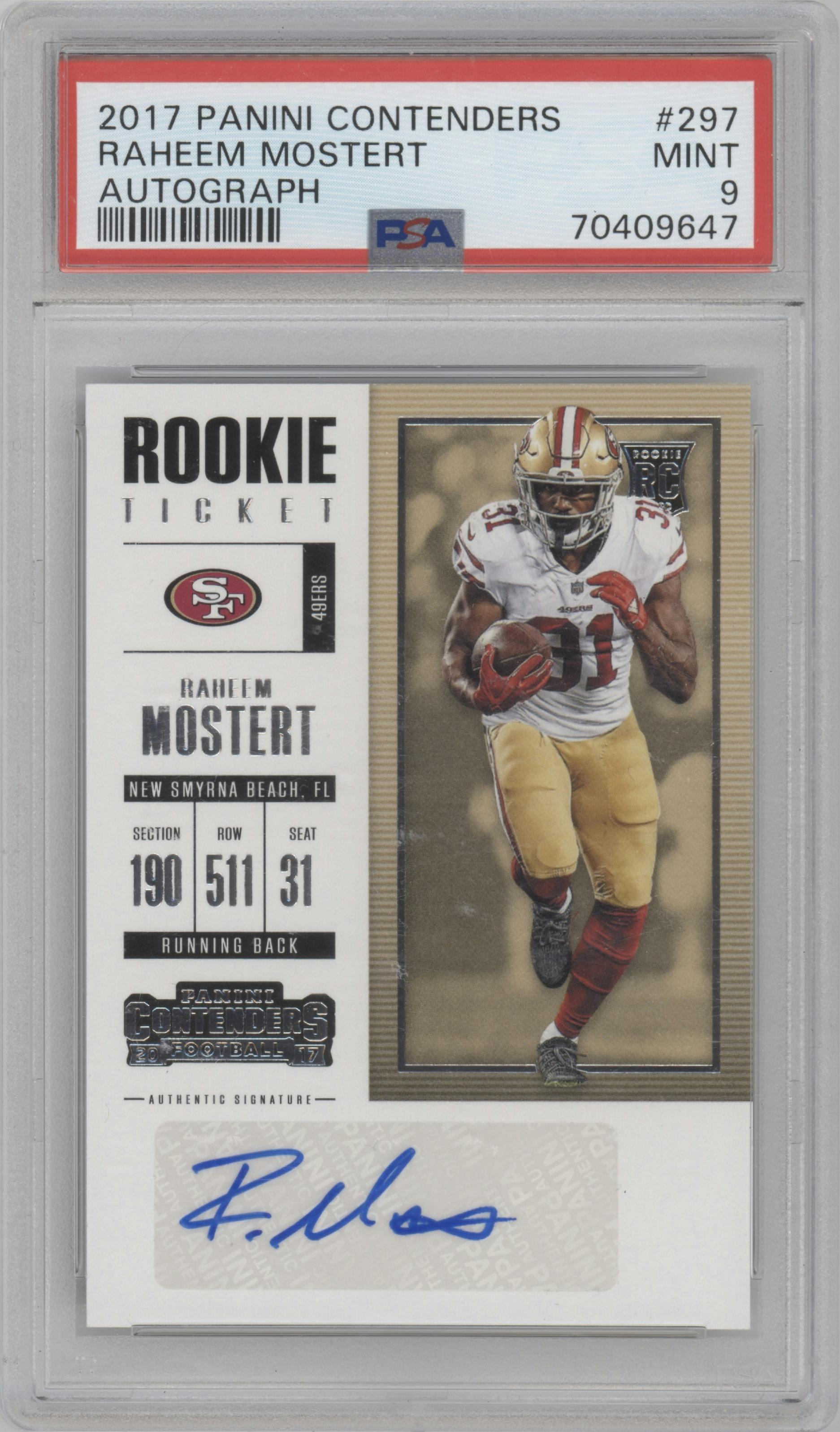 Raheem Mostert from the 2017 Panini Contenders set graded by PSA and given an overall grade of 9.