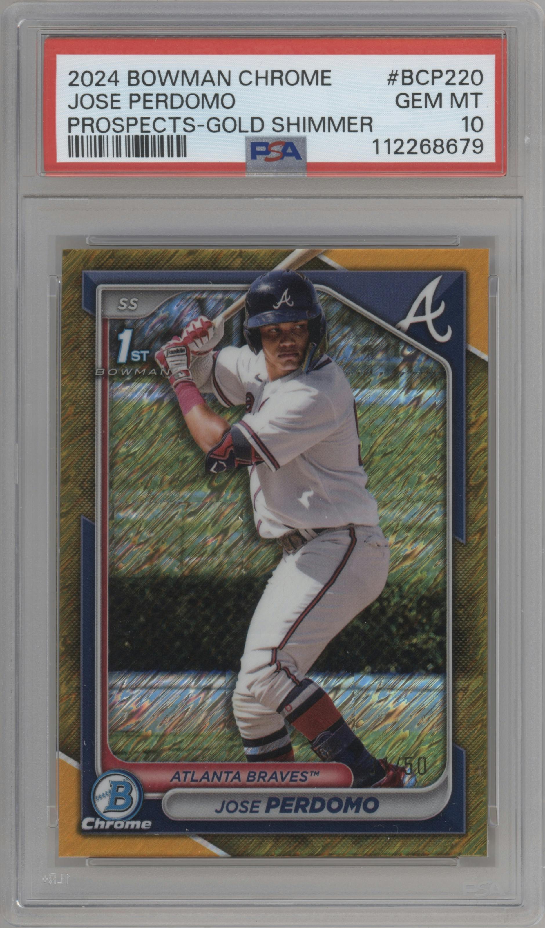 Jose Perdomo from the 2024 Bowman Chrome set featuring a Gold Shimmer Refractor parallel graded by PSA and given an overall grade of 10.