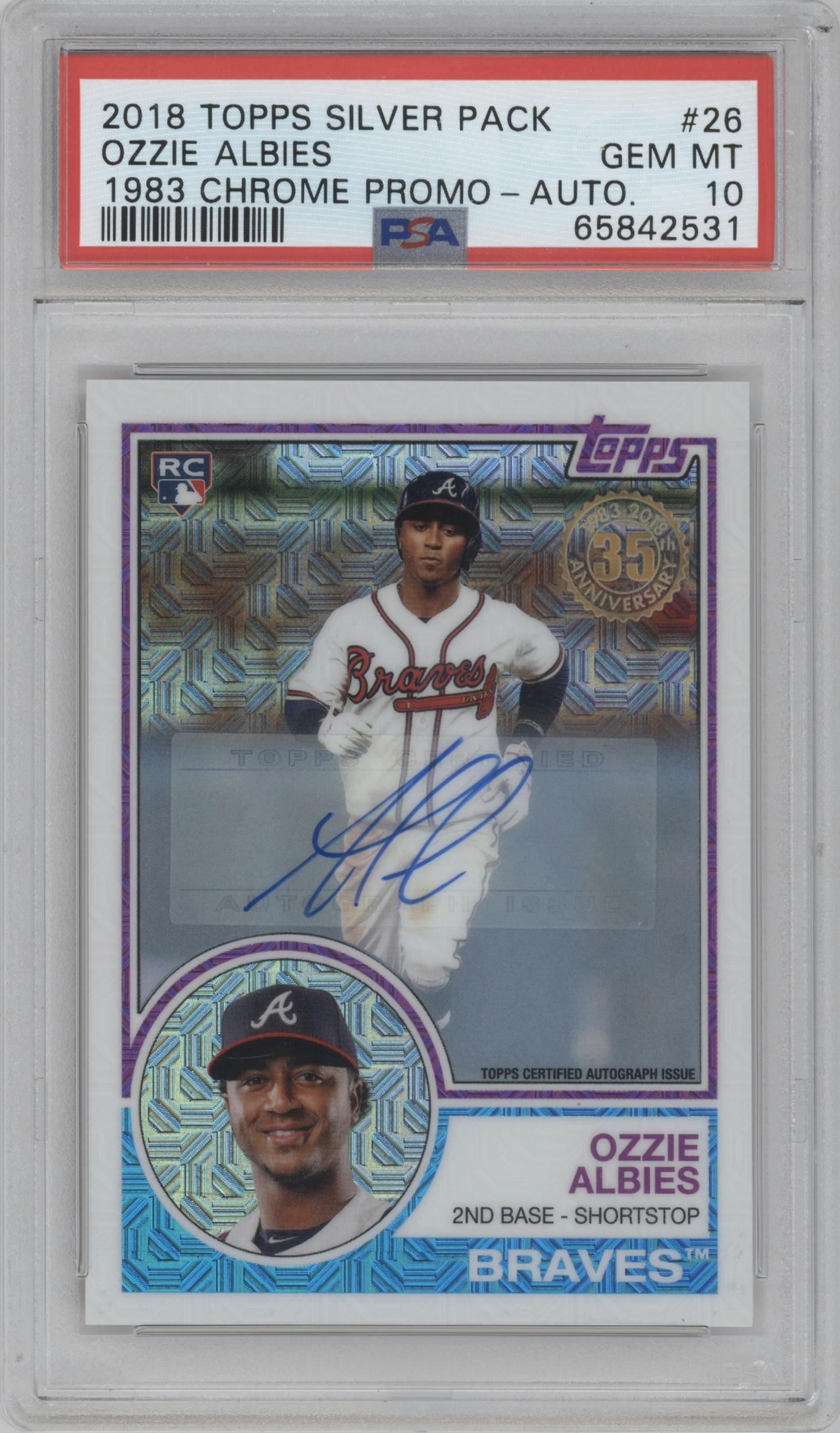 Ozzie Albies from the 2018 Topps Silver Pack  set graded by PSA and given an overall grade of 10.