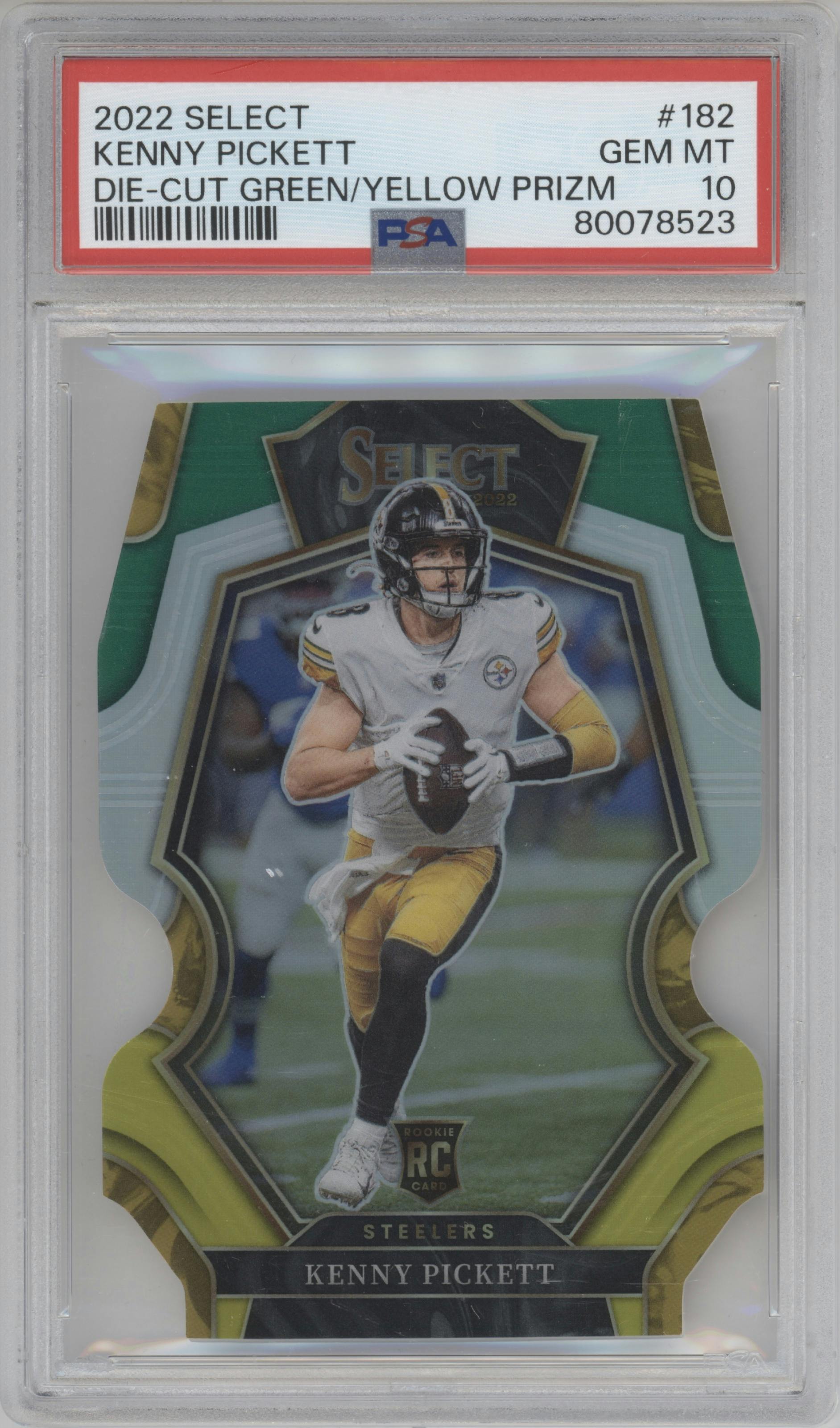  Kenny Pickett from the 2022 Panini Select set featuring a Die-Cut Green/Yellow parallel graded by PSA and given an overall grade of 10.