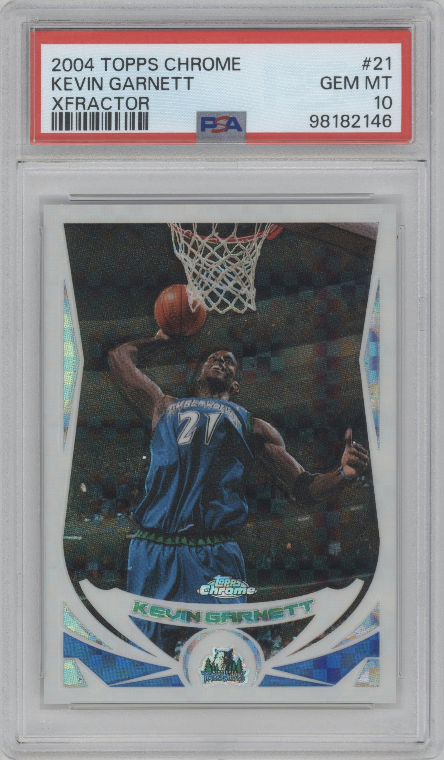 Kevin Garnett from the 2004-05 Topps Chrome set featuring a X-Fractor parallel graded by PSA and given an overall grade of 10.