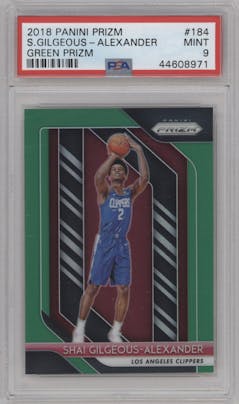 Shai Gilgeous-Alexander from the 2018-19 Panini Prizm set featuring a Green Prizm parallel graded by PSA and given an overall grade of 9.