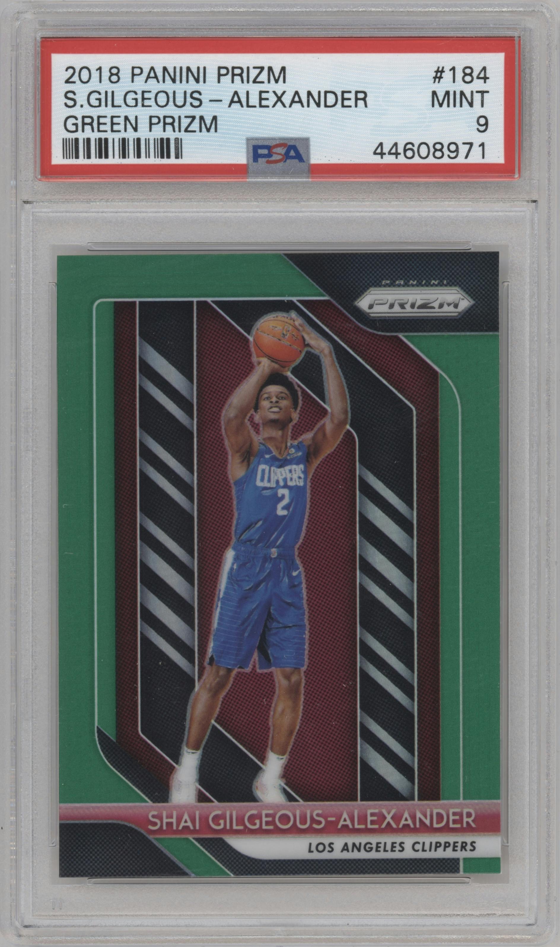 Shai Gilgeous-Alexander from the 2018-19 Panini Prizm set featuring a Green Prizm parallel graded by PSA and given an overall grade of 9.