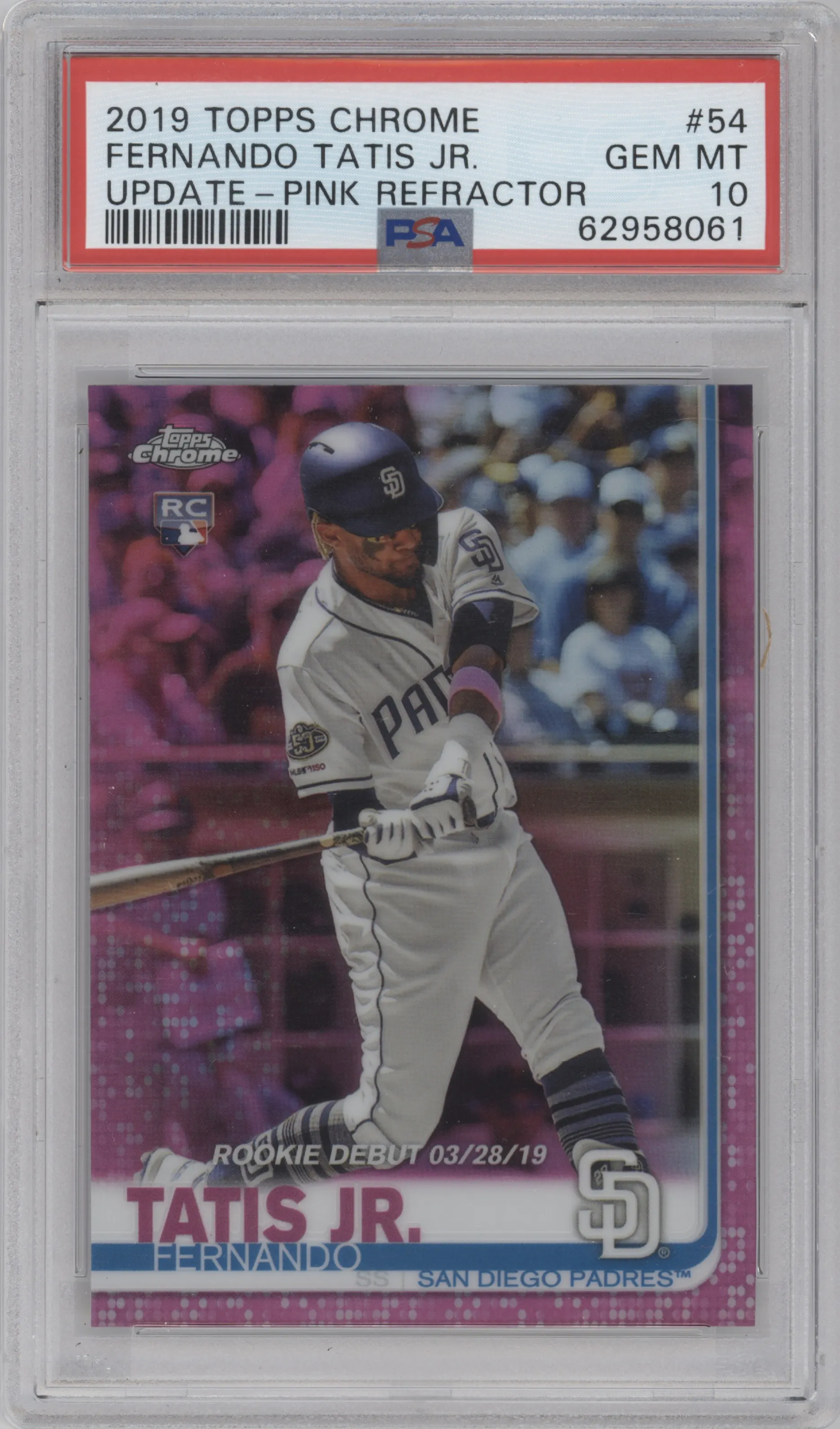 Fernando Tatis Jr. from the 2019 Topps Chrome Update set featuring a Pink Refractor parallel graded by PSA and given an overall grade of 10.