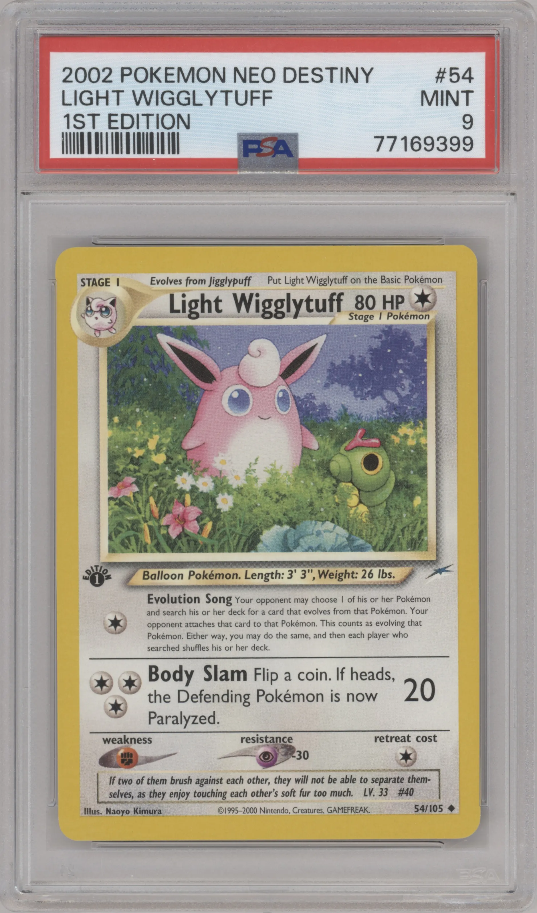 Light Wigglytuff from the 2002 Pokemon Neo Genesis set graded by PSA and given an overall grade of 9.