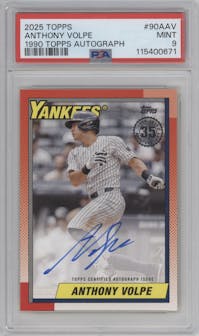 Anthony Volpe from the 2025 Topps set graded by PSA and given an overall grade of 9.