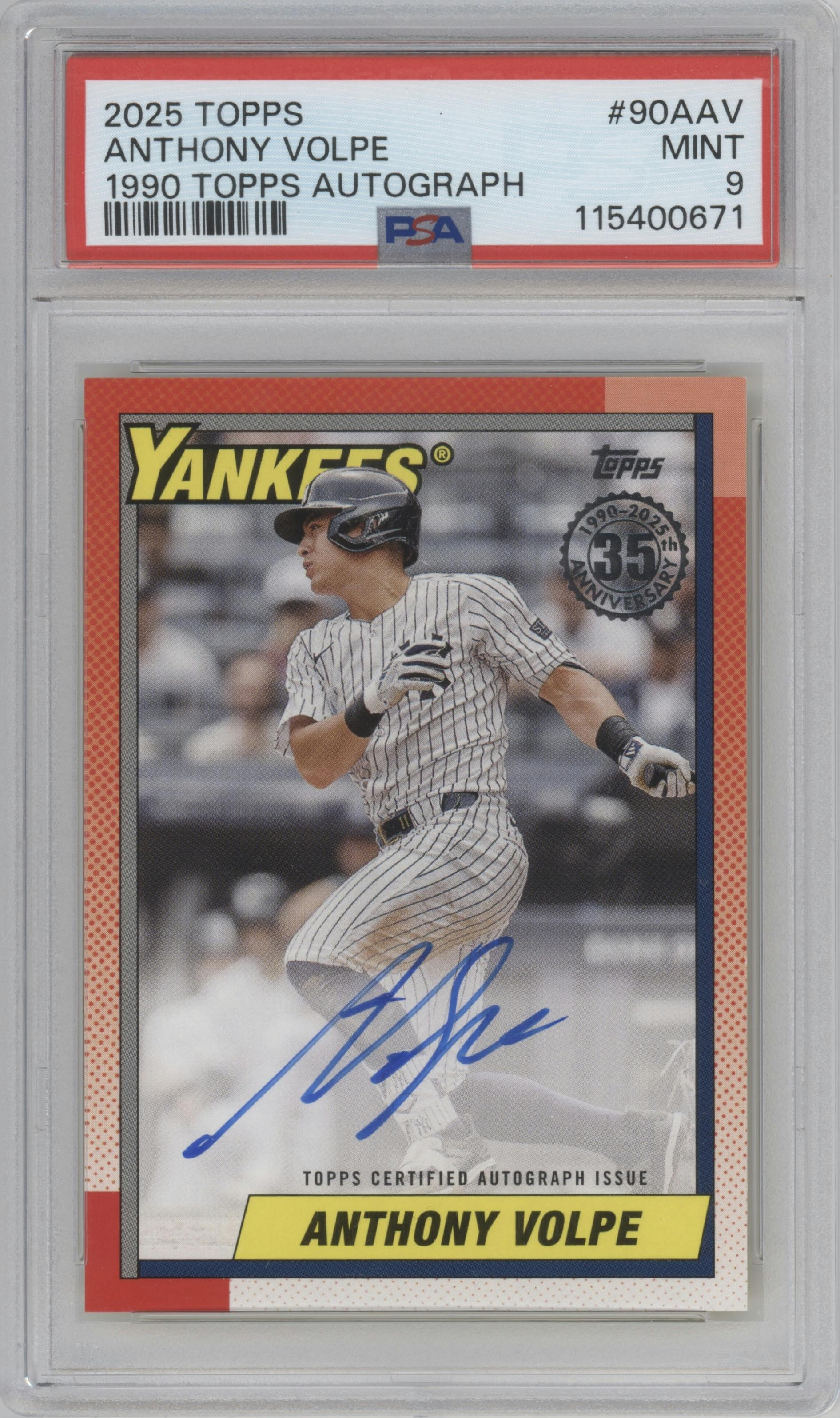 Anthony Volpe from the 2025 Topps set graded by PSA and given an overall grade of 9.