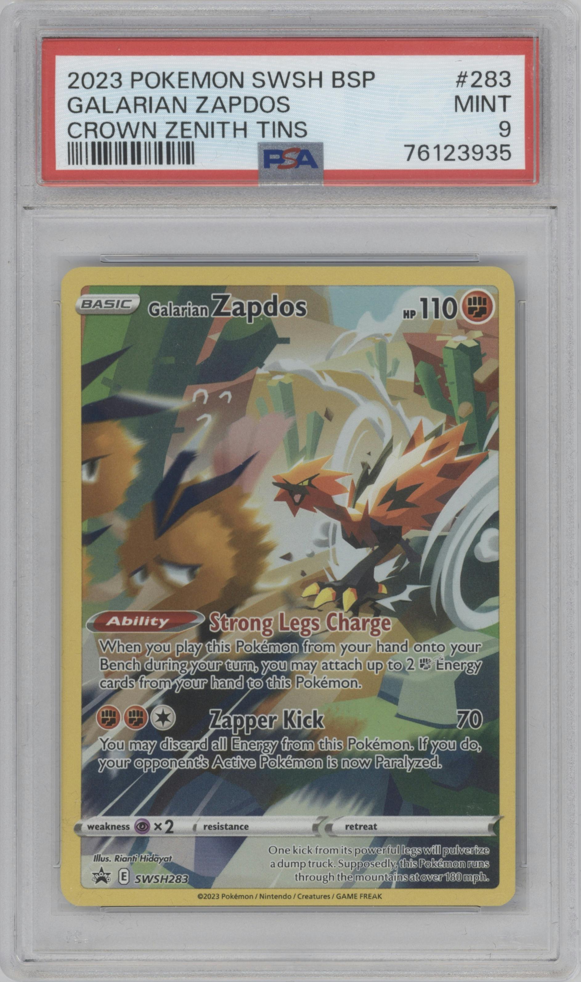 Galarian Zapdos from the 2023 Pokemon SWSH set featuring a Crown Zenith Collection Tin parallel graded by PSA and given an overall grade of 9.