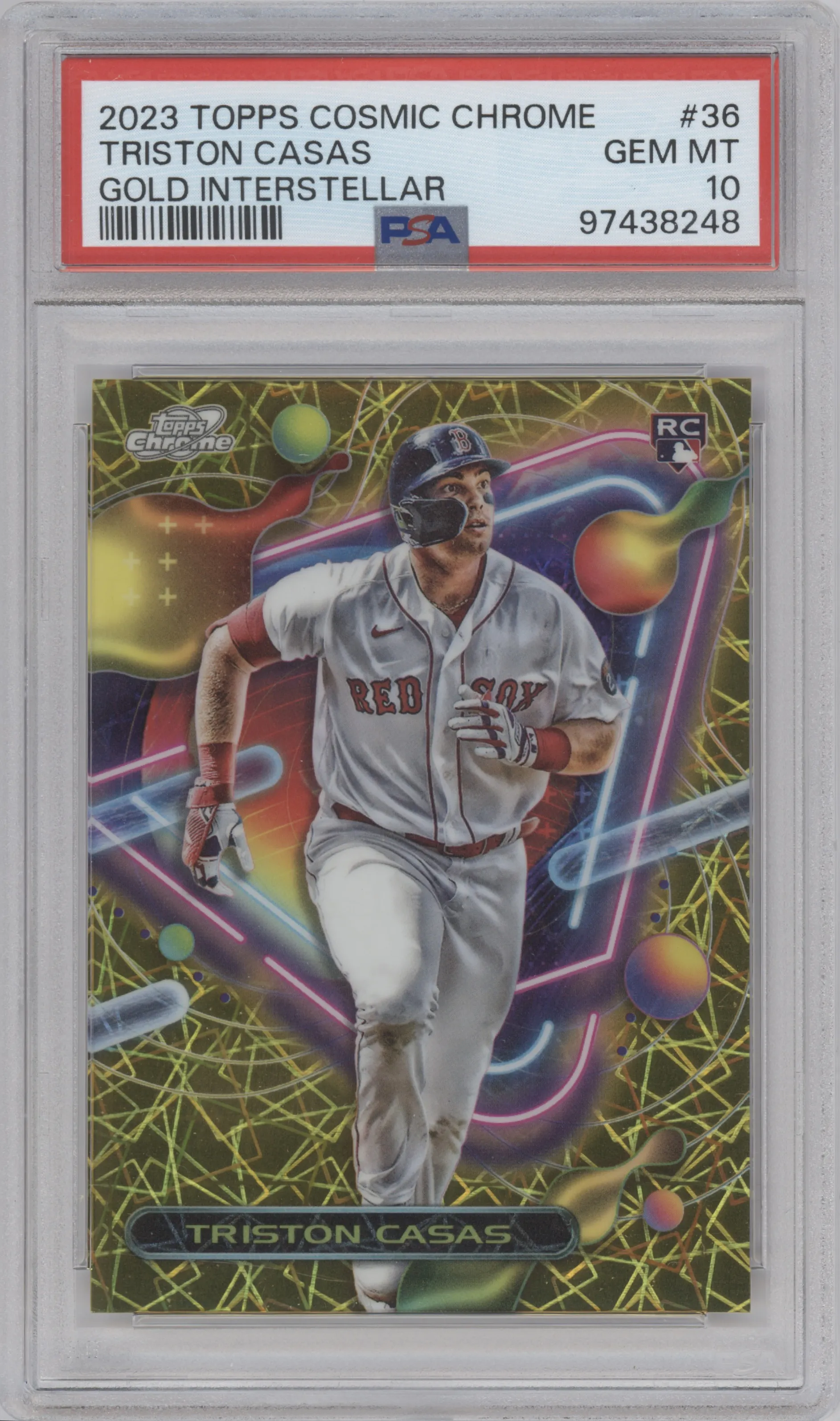 Triston Casas from the 2023 Topps Cosmic Chrome set featuring a Gold Interstellar Refractor parallel graded by PSA and given an overall grade of 10.