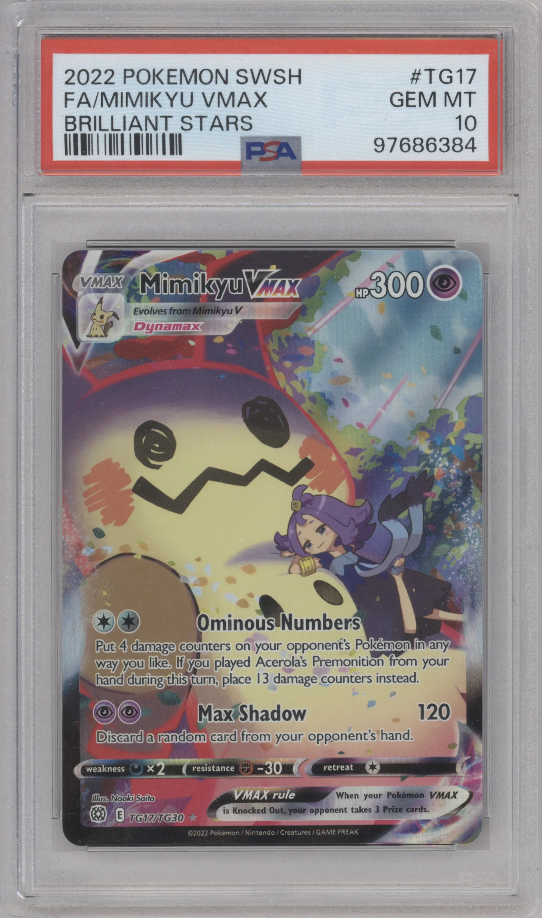 Mimikyu VMAX from the 2022 Pokemon SWSH set graded by PSA and given an overall grade of 10.