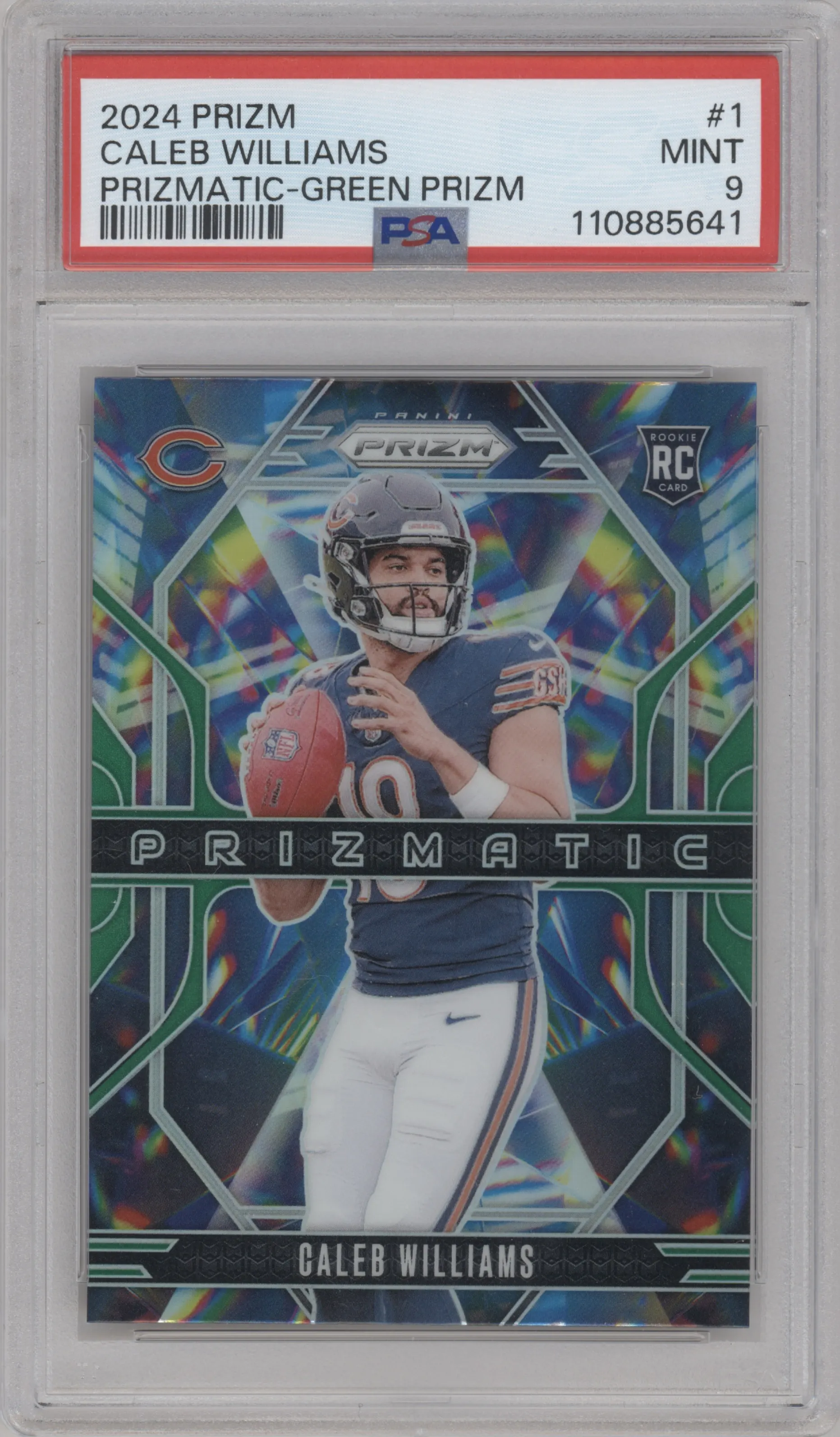 Caleb Williams from the 2024 Panini Prizm set featuring a Green Prizm parallel graded by PSA and given an overall grade of 9.