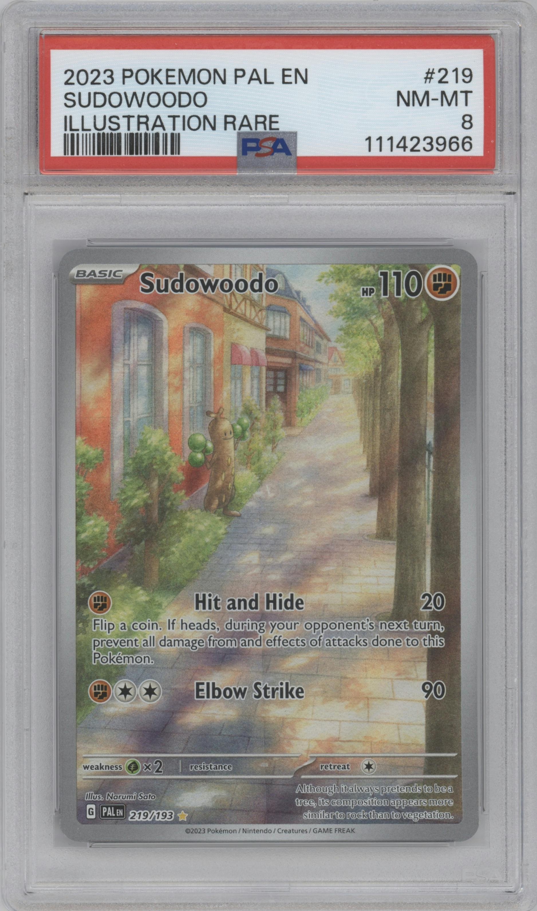 Sudowoodo from the 2023 Pokemon SV set graded by PSA and given an overall grade of 8.