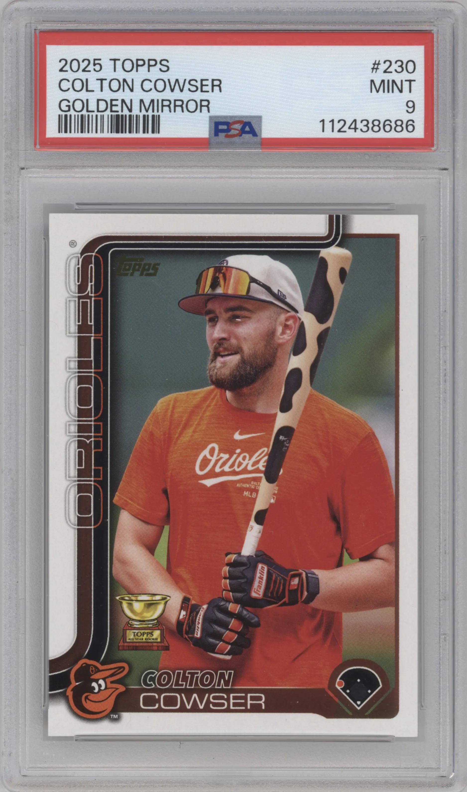 Colton Cowser from the 2025 Topps set graded by PSA and given an overall grade of 9.
