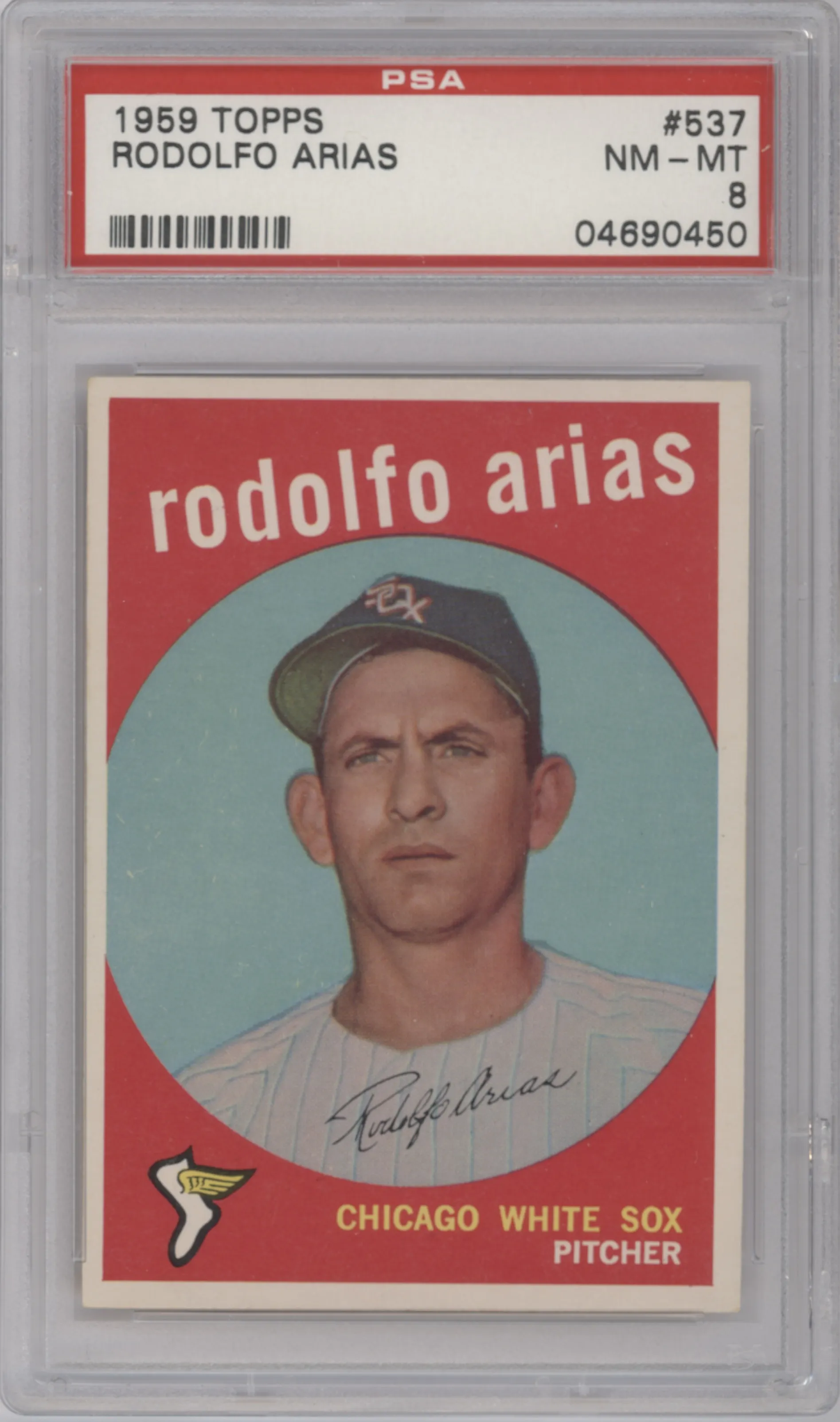 Rodolfo Arias from the 1959 Topps set graded by PSA and given an overall grade of 8.