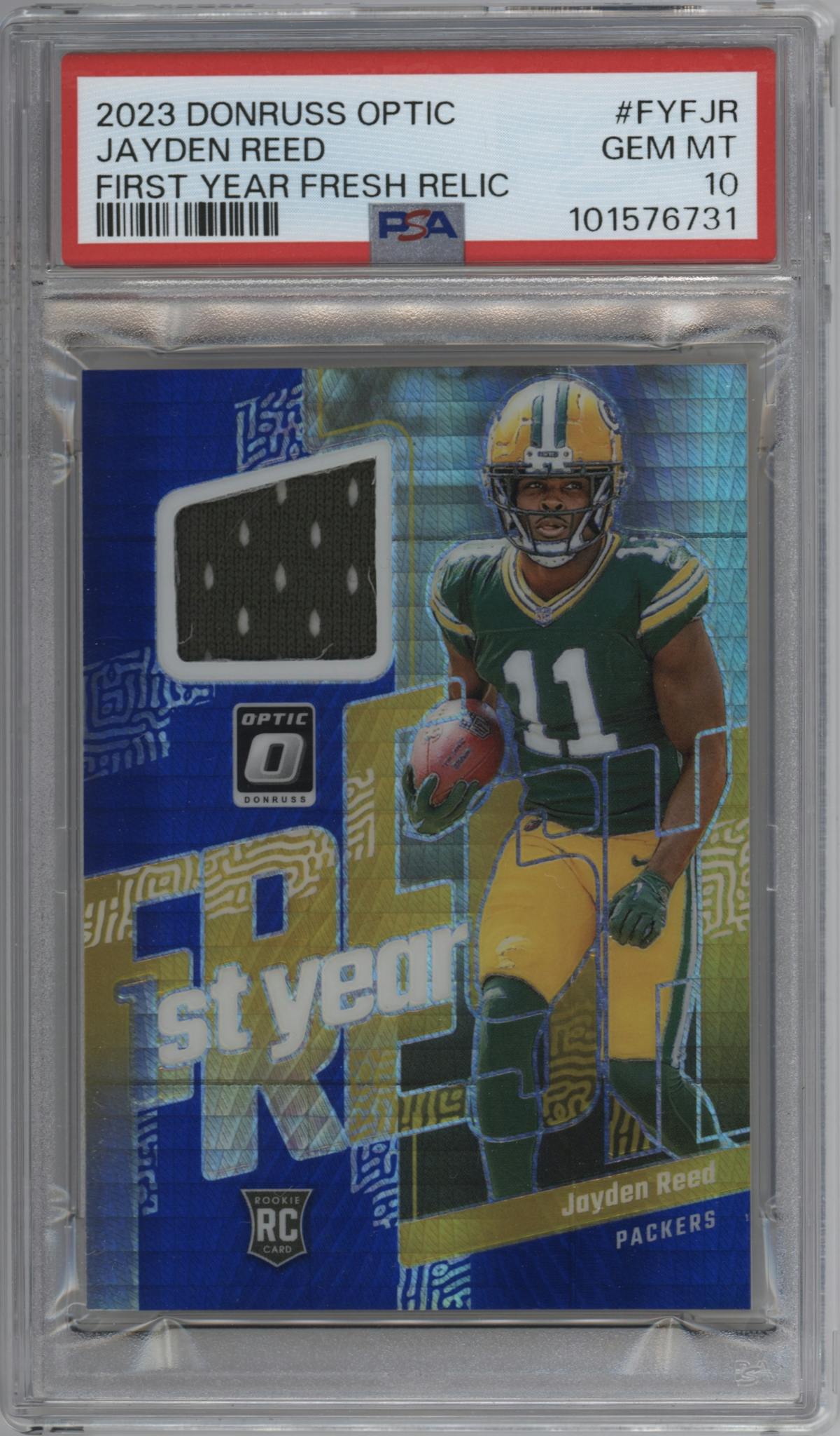 Jayden Reed from the 2023 Donruss Optic set featuring a Blue Hyper parallel graded by PSA and given an overall grade of 10.