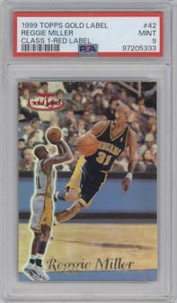 Reggie Miller from the 1999-00 Topps Gold Label set featuring a Class 1 Red Label parallel graded by PSA and given an overall grade of 9.