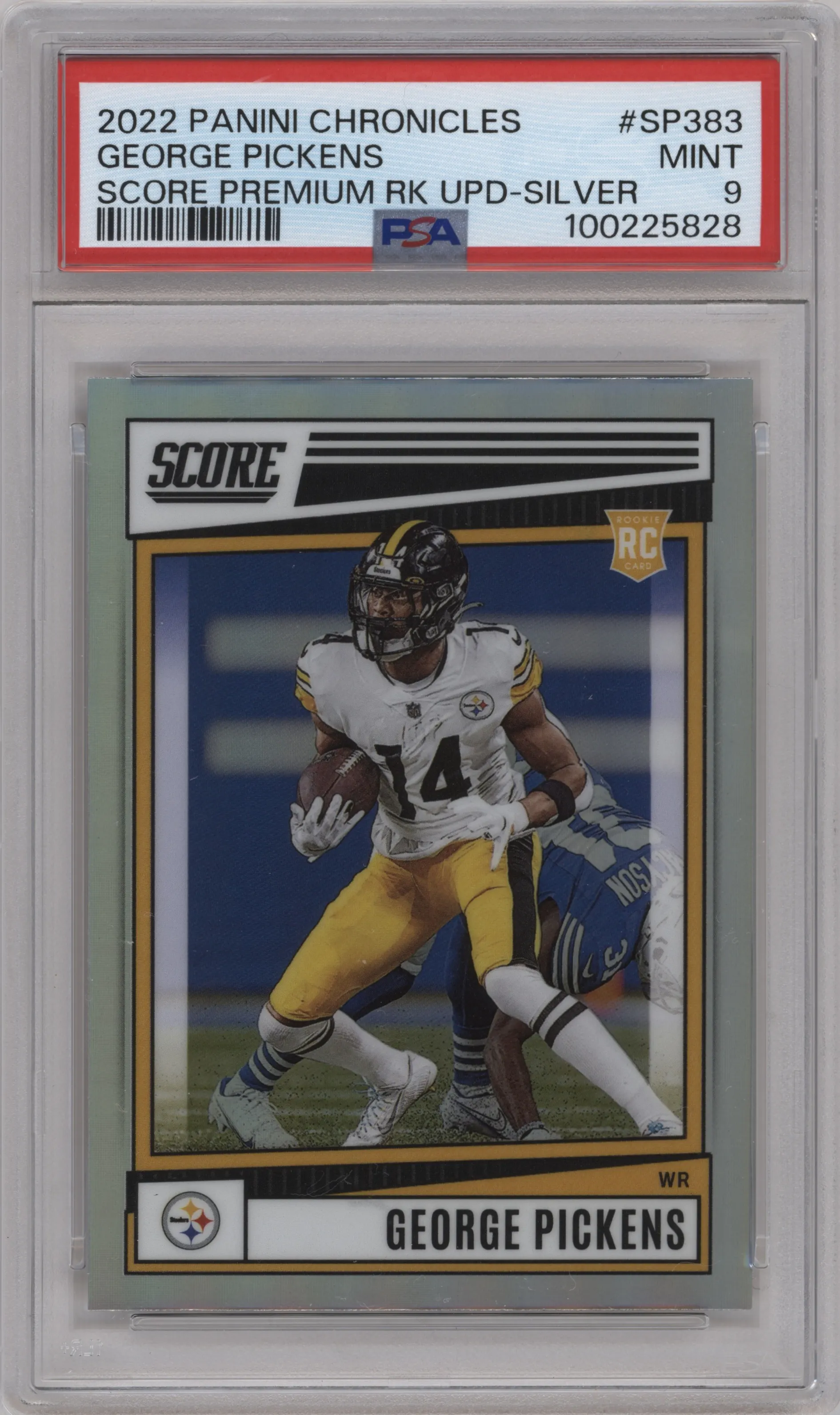 George Pickens from the 2022 Panini Chronicles set featuring a Silver parallel graded by PSA and given an overall grade of 9.