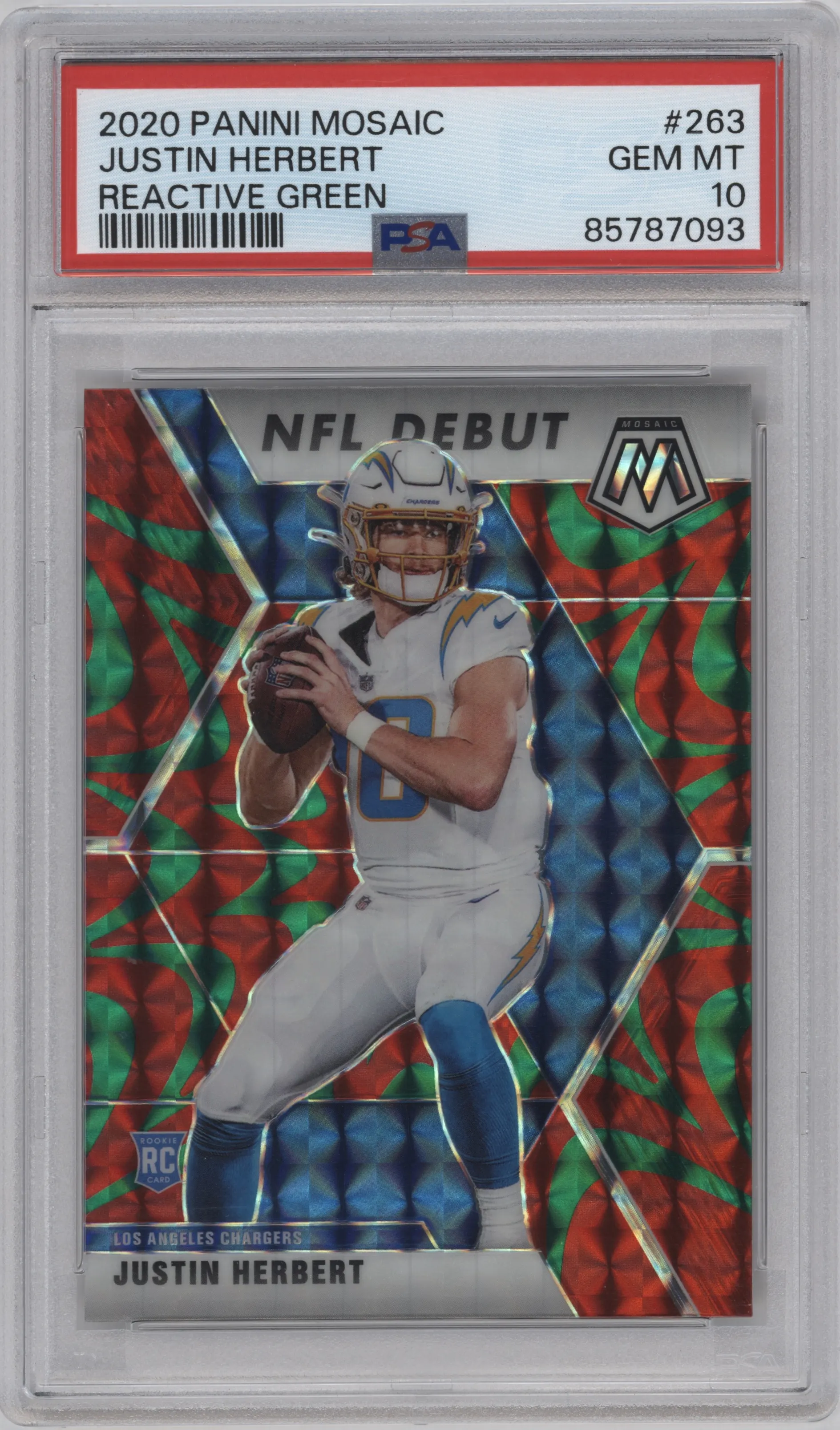 Justin Herbert from the 2020 Panini Mosaic set featuring a Reactive Green parallel graded by PSA and given an overall grade of 10.