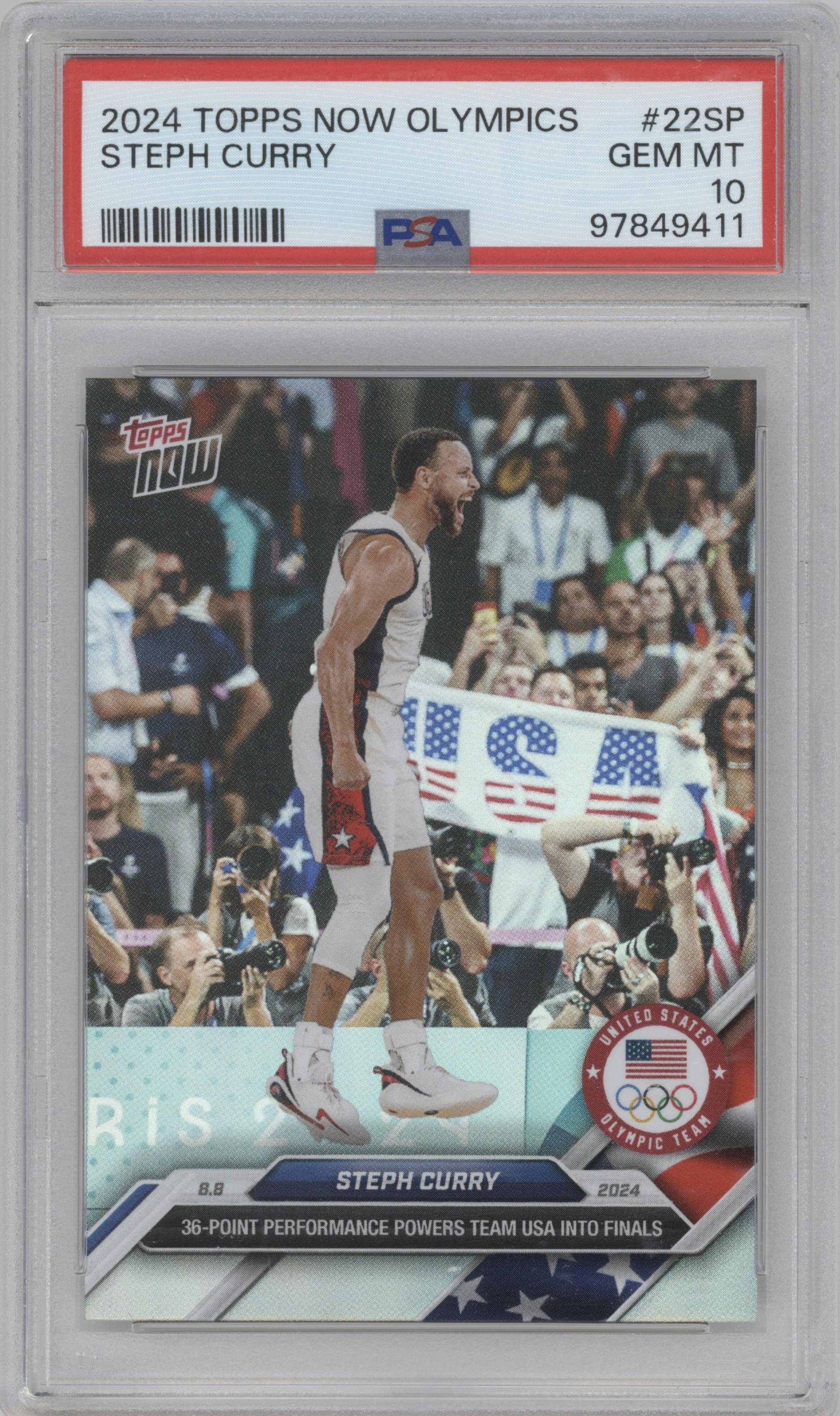 Steph Curry from the 2024 Topps Now Olympics set graded by PSA and given an overall grade of 10.