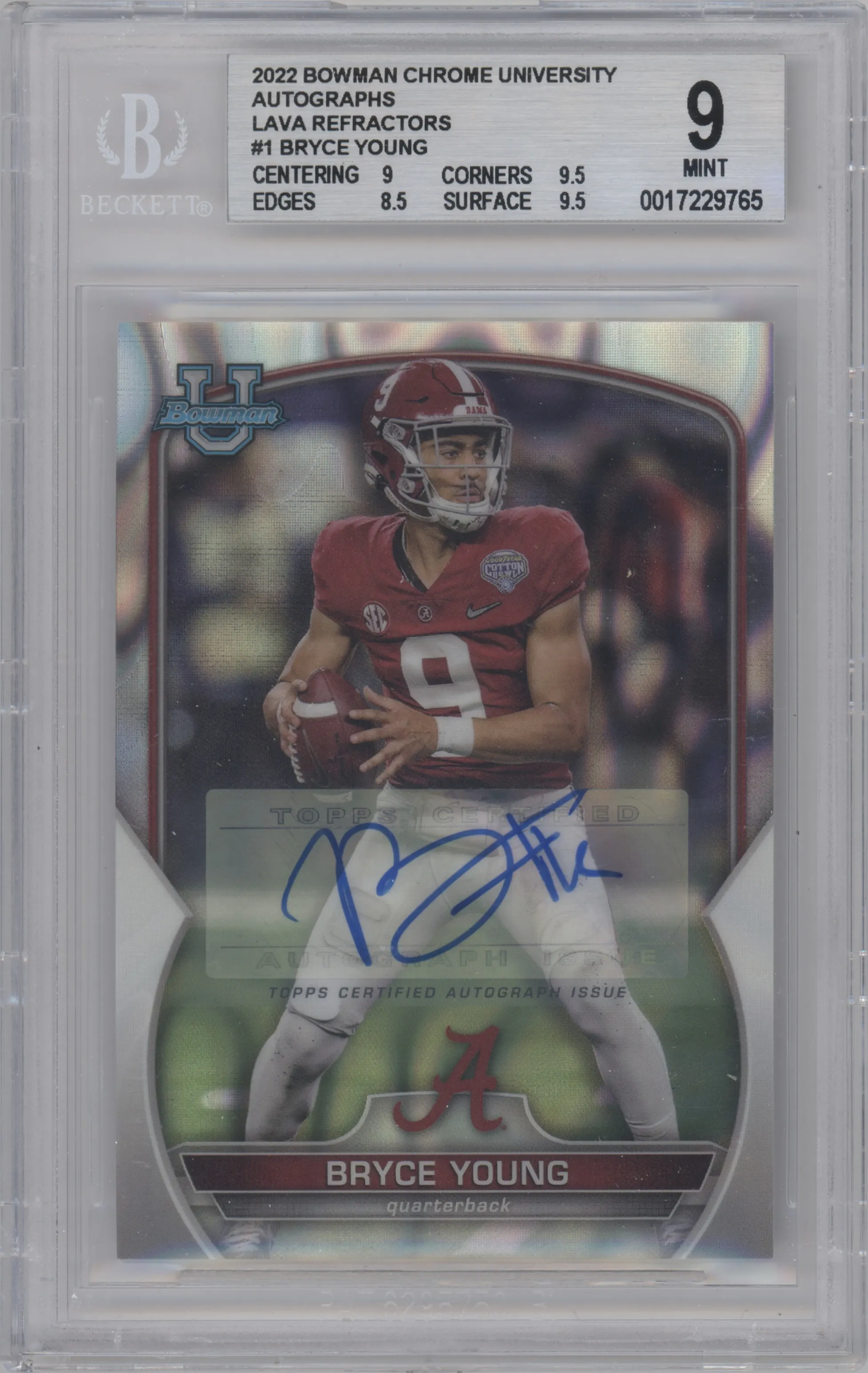 2022 Bowman University Chrome Chr.Pros.Auto Bryce Young Lava Refractor #1 BGS 9