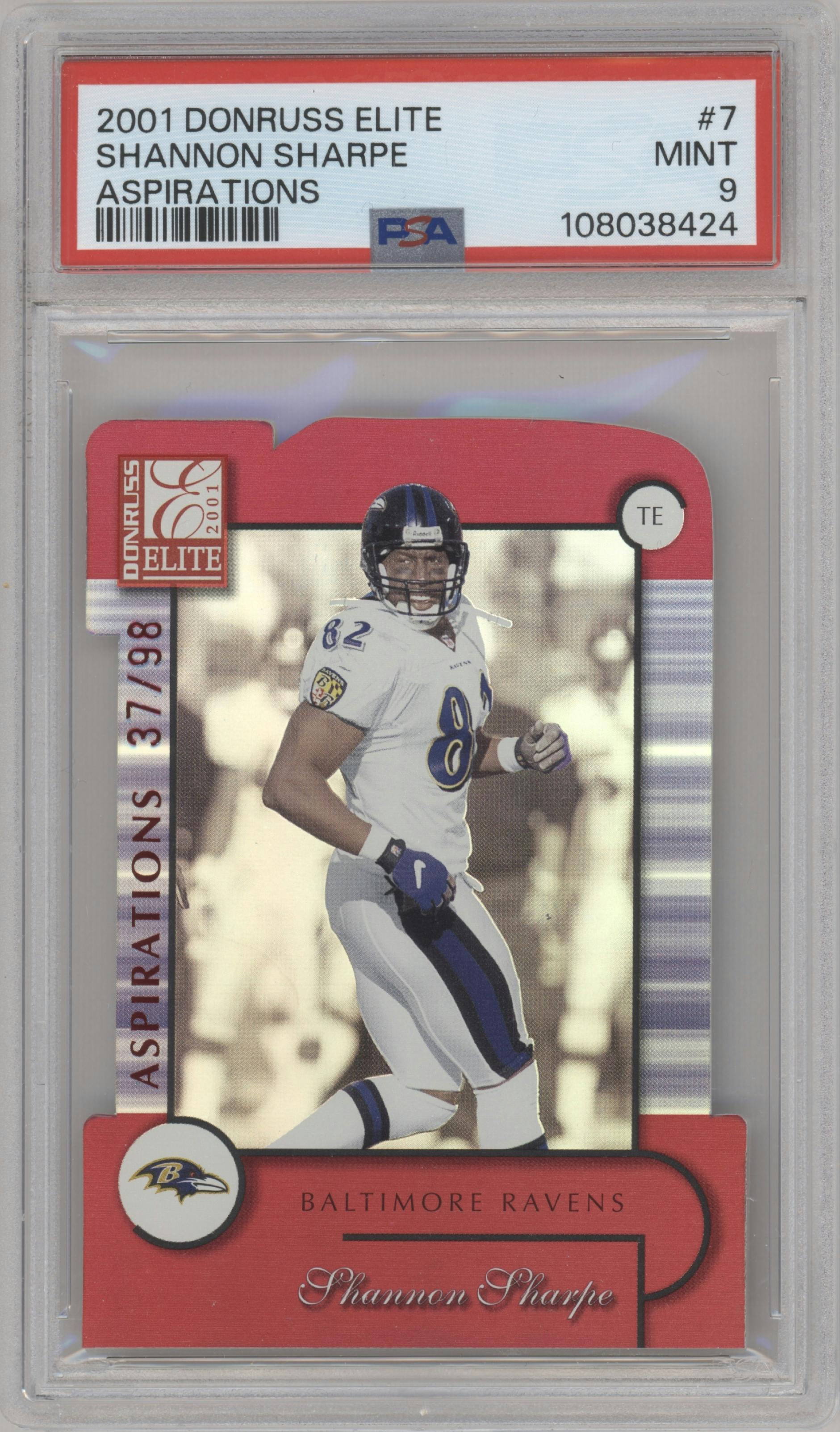 Shannon Sharpe from the 2001 Donruss Elite set featuring a Aspirations parallel graded by PSA and given an overall grade of 9.