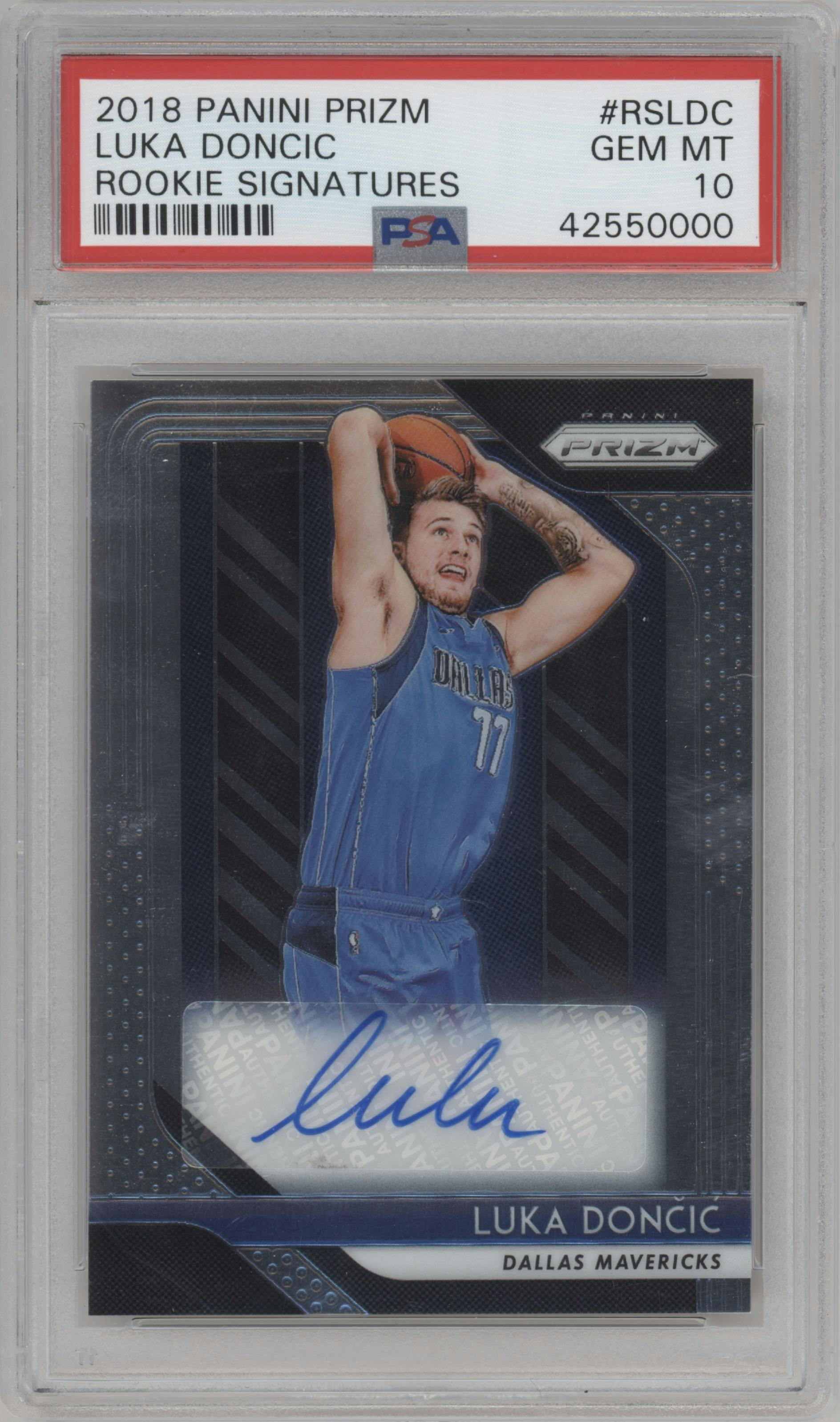 Luka Doncic from the 2018-19 Panini Prizm set graded by PSA and given an overall grade of 10.