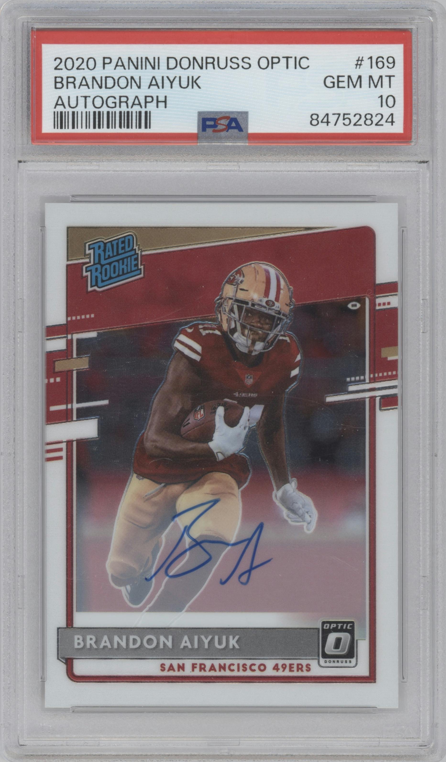 Brandon Aiyuk from the 2020 Panini Donruss Optic set graded by PSA and given an overall grade of 10.