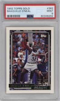 Shaquille O'Neal from the 1992-93 Topps set featuring a Gold parallel graded by PSA and given an overall grade of 9.
