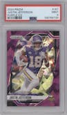 Justin Jefferson  from the 2024 Panini Prizm set featuring a Purple Ice parallel graded by PSA and given an overall grade of 9.
