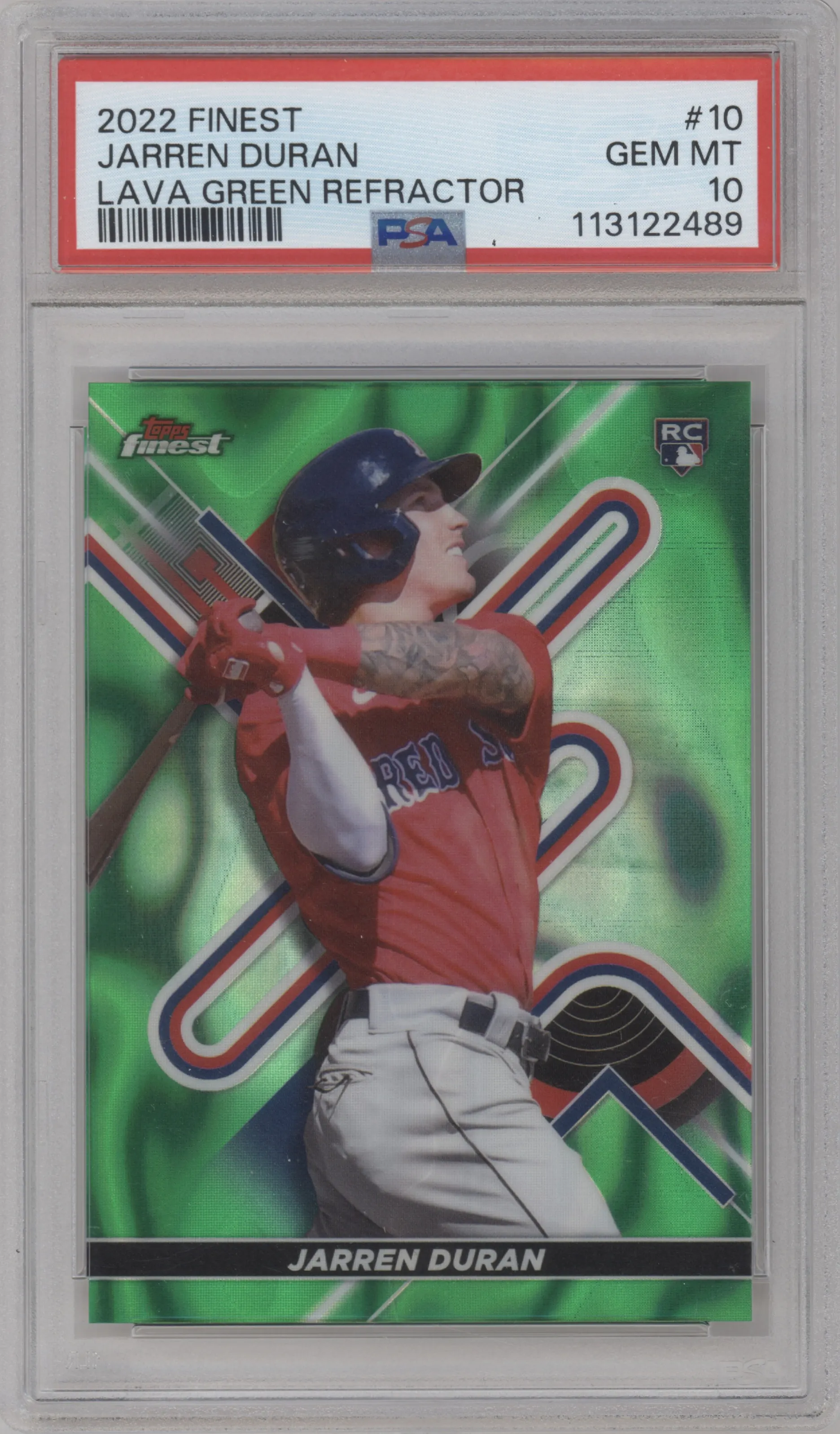 Jarren Duran from the 2022 Topps Finest set featuring a Green Lava Refractor parallel graded by PSA and given an overall grade of 10.