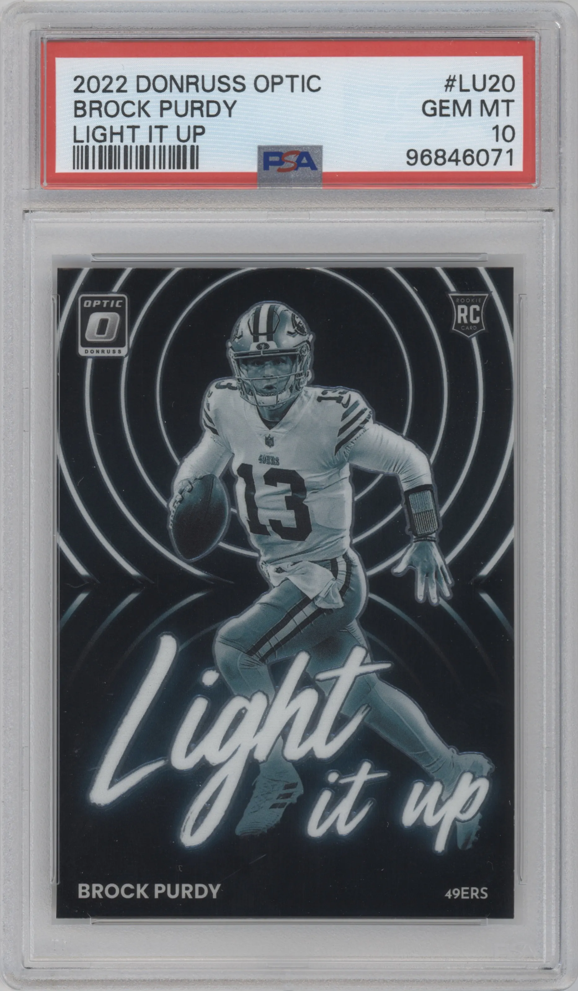 Brock Purdy from the 2022 Panini Donruss Optic set graded by PSA and given an overall grade of 10.