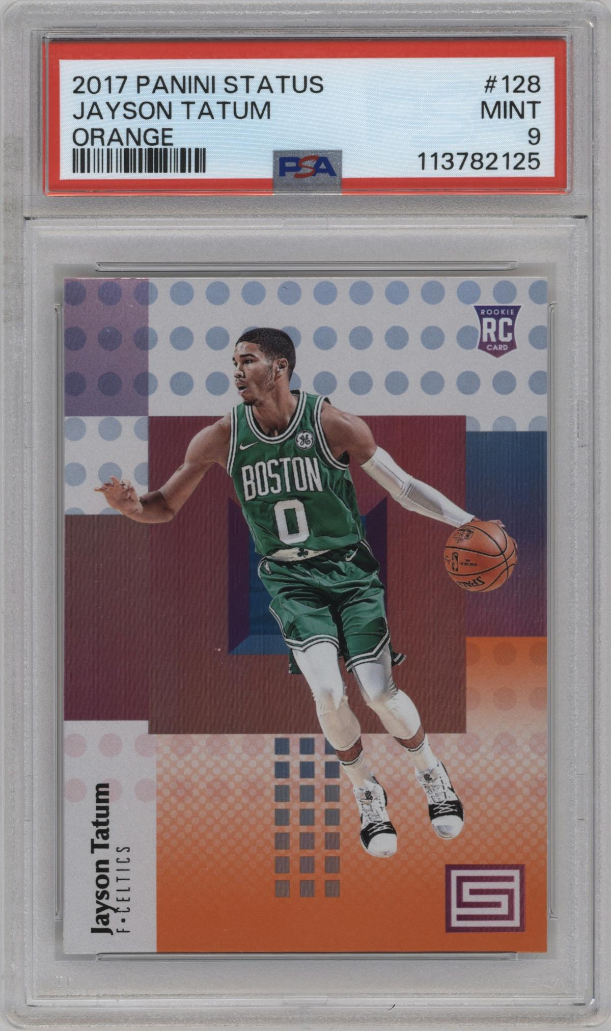 Jayson Tatum from the 2017-18 Panini Status set featuring a Orange parallel graded by PSA and given an overall grade of 9.