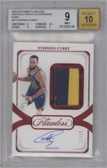 Stephen Curry from the 2023-24 Panini Flawless set featuring a Ruby parallel graded by Beckett and given an overall grade of 9.