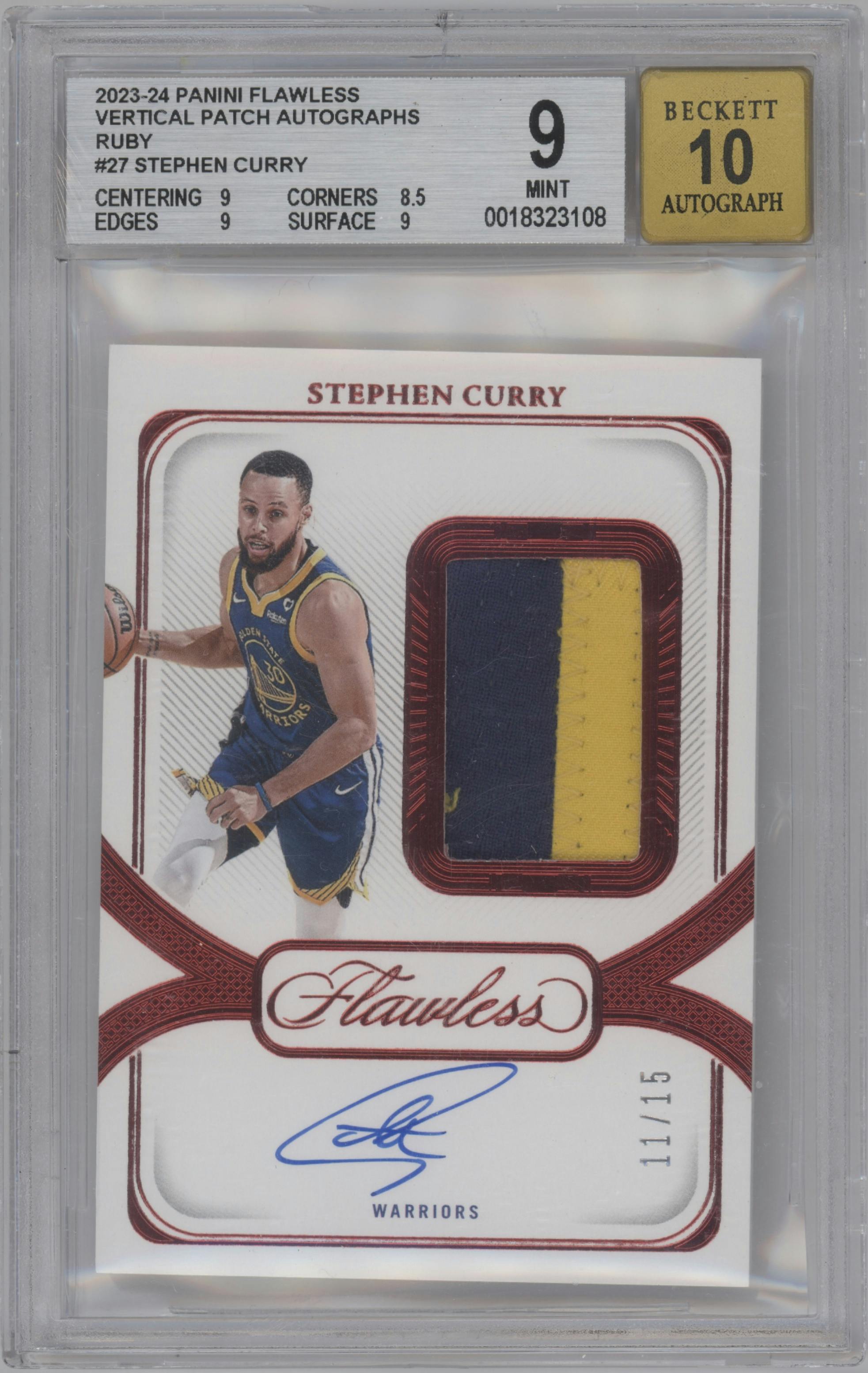 Stephen Curry from the 2023-24 Panini Flawless set featuring a Ruby parallel graded by Beckett and given an overall grade of 9.