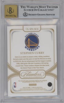Stephen Curry from the 2023-24 Panini Flawless set featuring a Ruby parallel graded by Beckett and given an overall grade of 9.