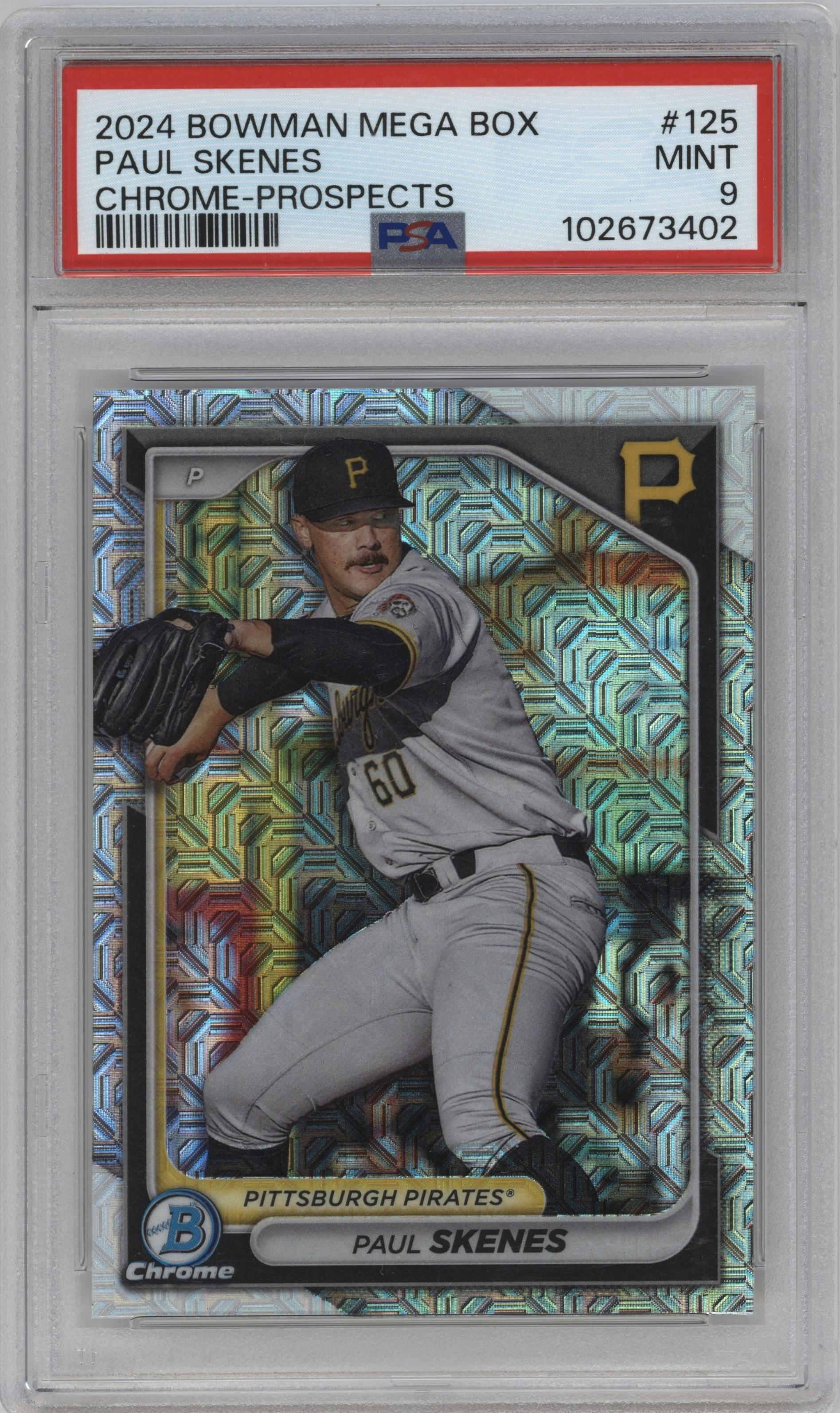 Paul Skenes from the 2024 Bowman Mega Box set graded by PSA and given an overall grade of 9.