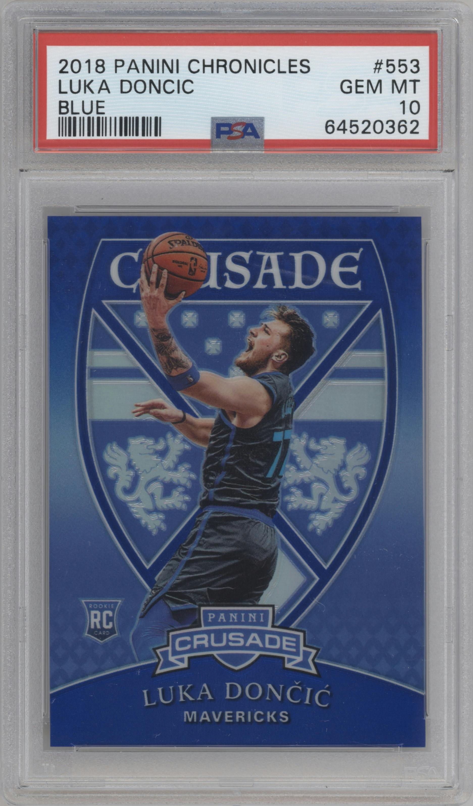Luka Doncic from the 2018-19 Panini Chronicles set featuring a Blue parallel graded by PSA and given an overall grade of 10.