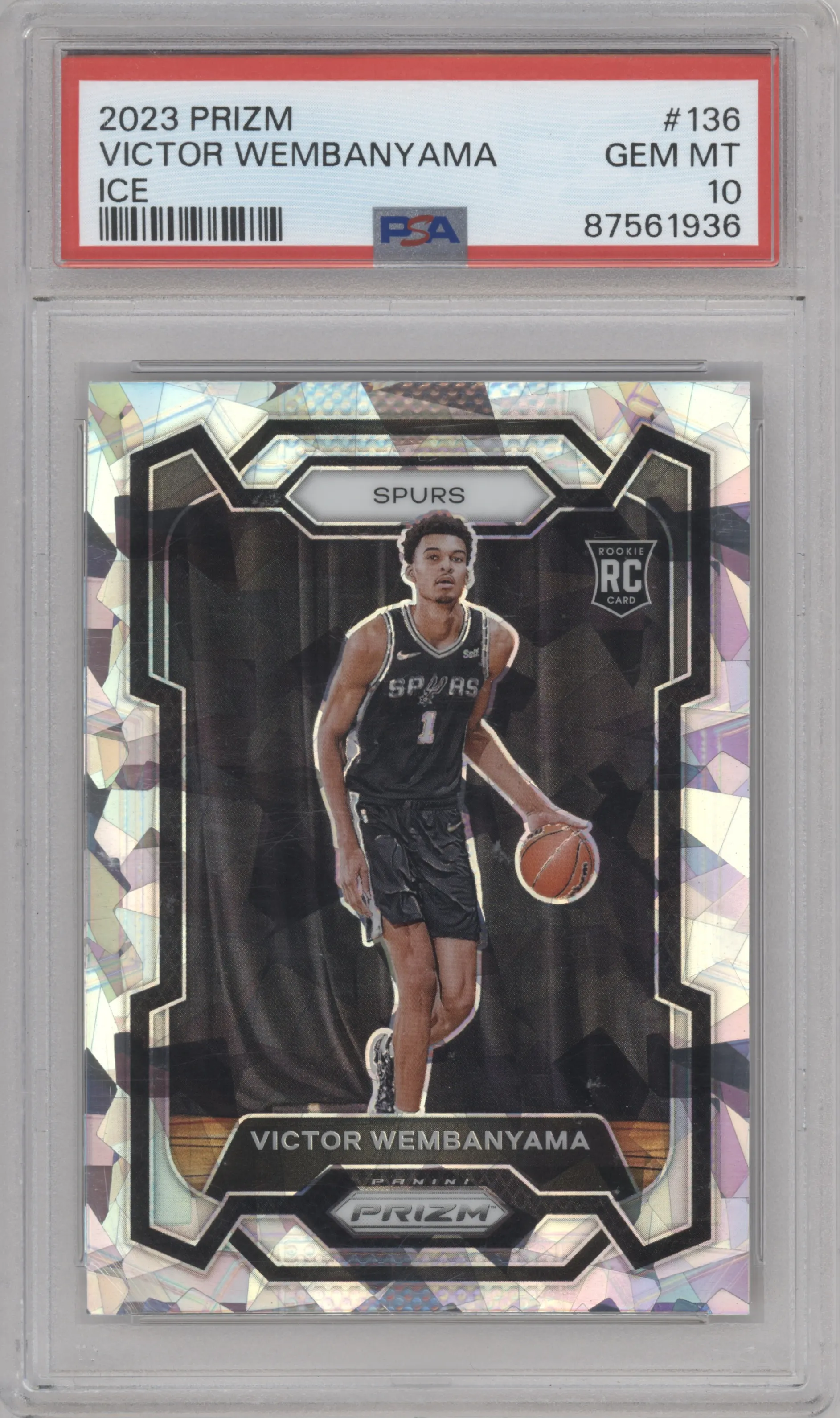 Victor Wembanyama from the 2023-24 Panini Prizm set featuring a Ice Prizm parallel graded by PSA and given an overall grade of 10.