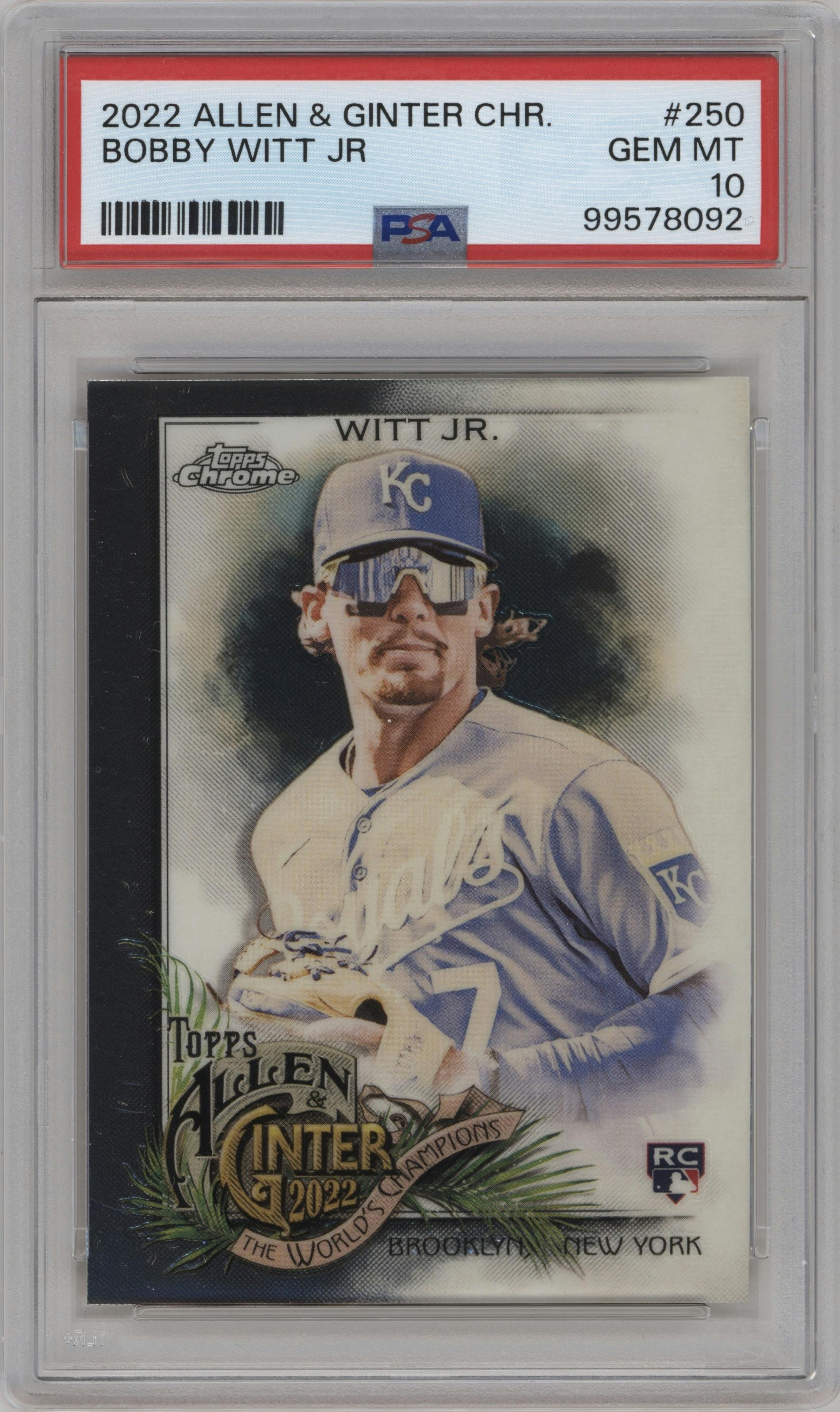 Bobby Witt Jr. from the 2022 Topps Allen & Ginter Chrome set graded by PSA and given an overall grade of 10.