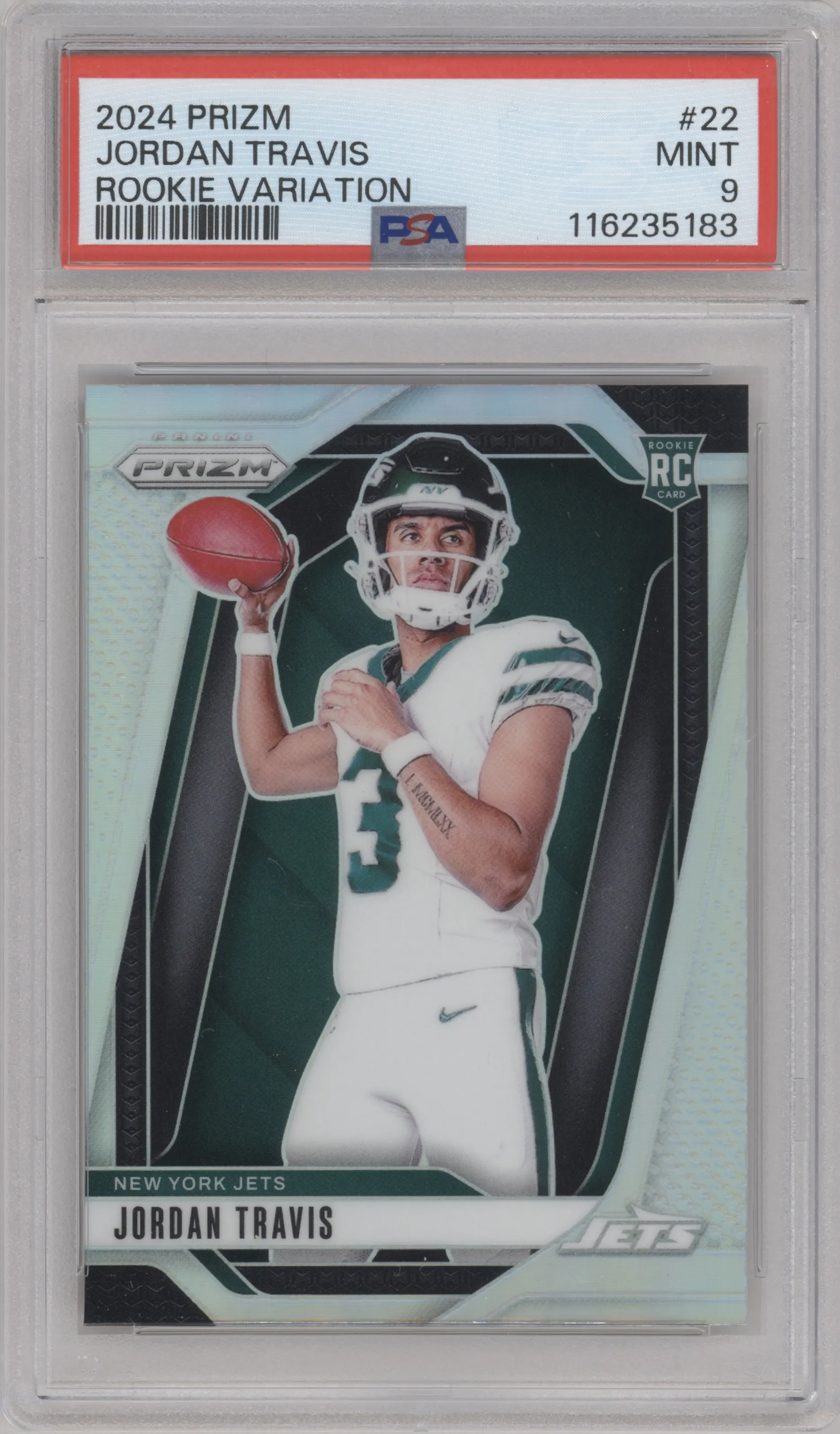 Jordan Travis from the 2024 Panini Prizm set graded by PSA and given an overall grade of 9.