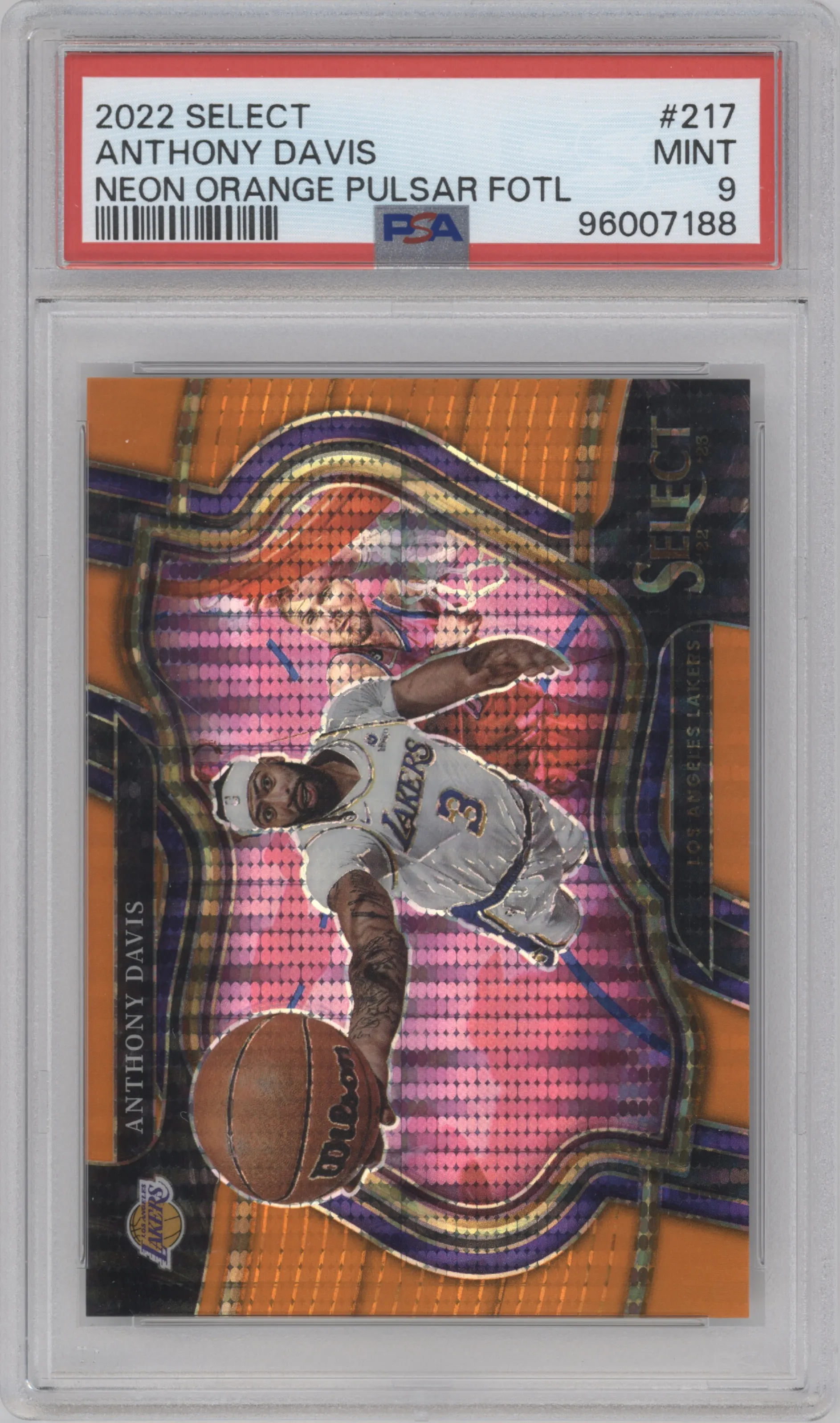Anthony Davis from the 2022-23 Panini Select set featuring a Neon Orange Pulsar parallel graded by PSA and given an overall grade of 9.