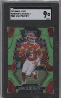 Patrick Mahomes II from the 2022 Panini Select set featuring a Neon Green parallel graded by SGC and given an overall grade of 9.