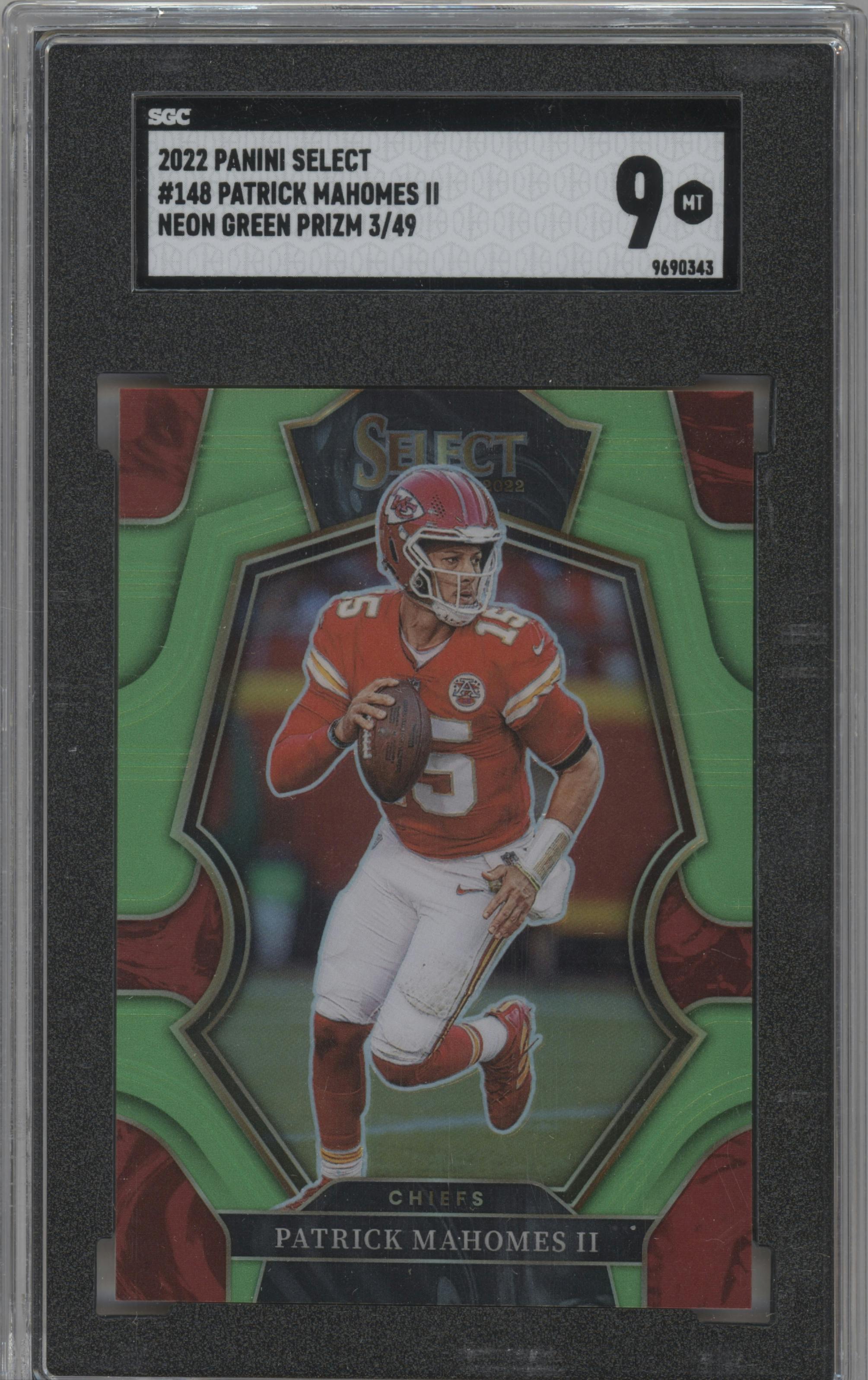 Patrick Mahomes II from the 2022 Panini Select set featuring a Neon Green parallel graded by SGC and given an overall grade of 9.
