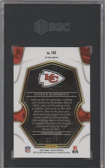 Patrick Mahomes II from the 2022 Panini Select set featuring a Neon Green parallel graded by SGC and given an overall grade of 9.