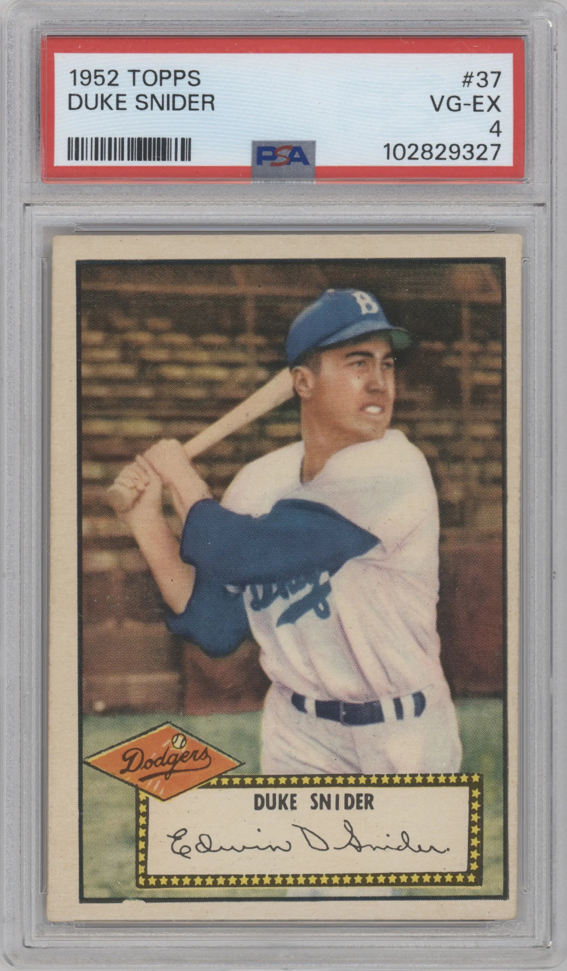 Duke Snider from the 1952 Topps set graded by PSA and given an overall grade of 4.
