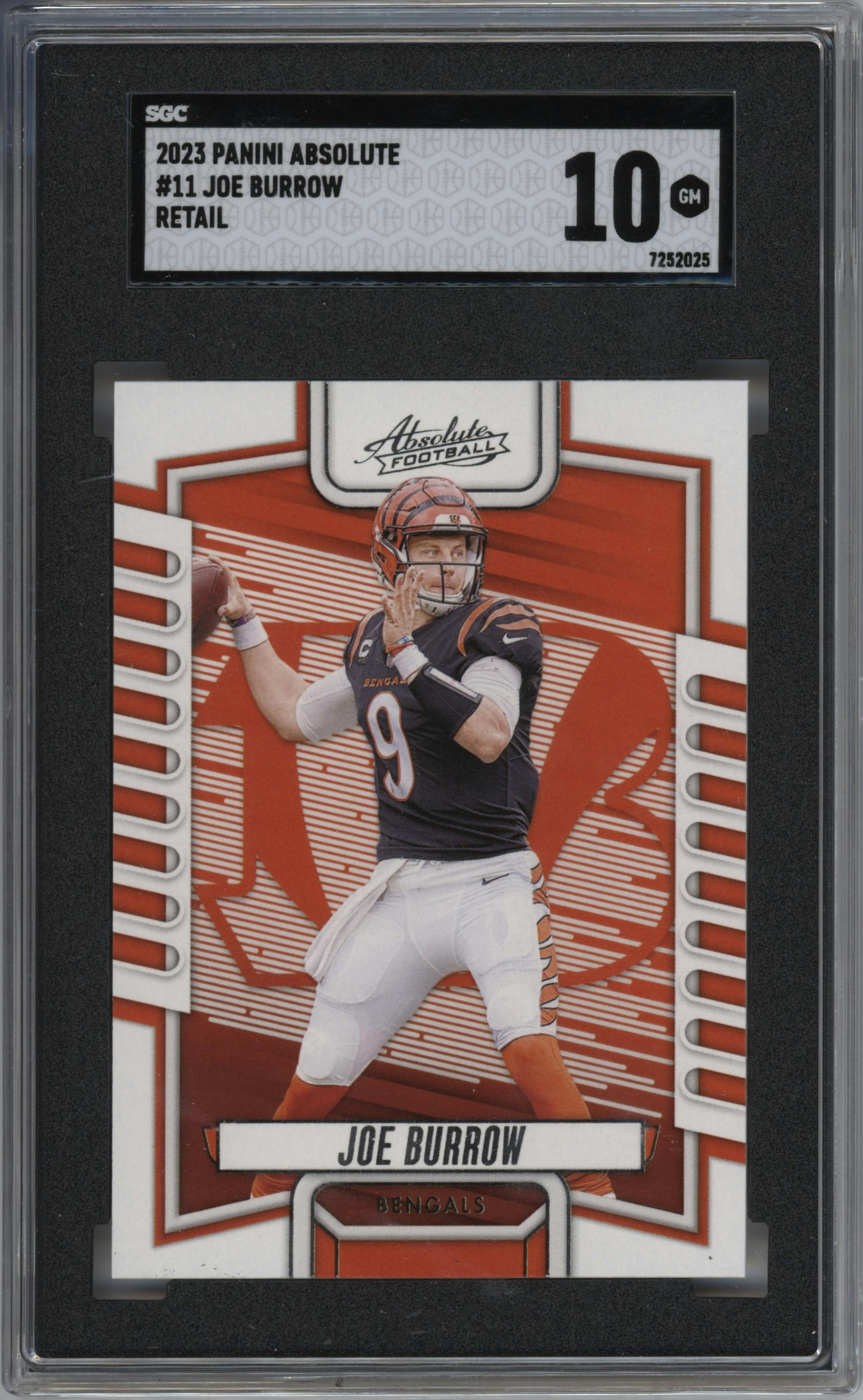 Joe Burrow from the 2023 Panini Absolute set featuring a Retail parallel graded by SGC and given an overall grade of 10.