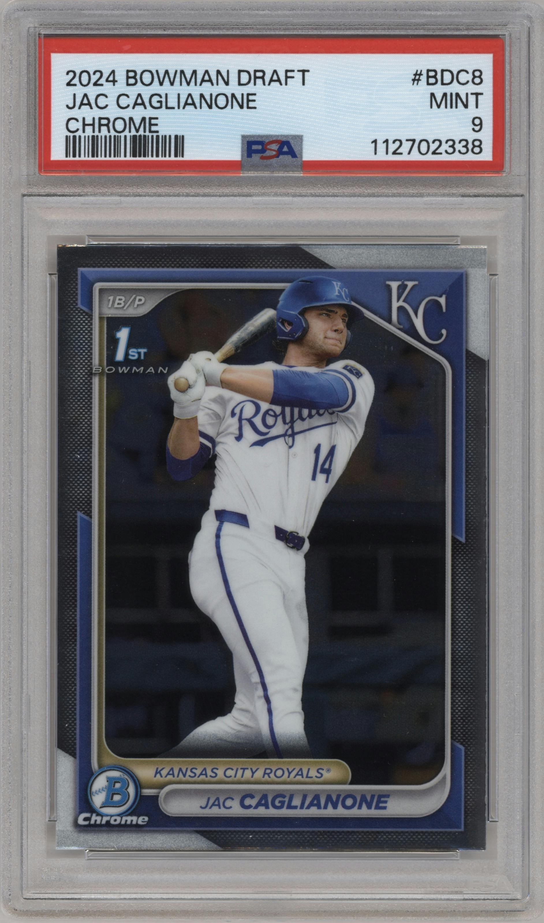 Jac Caglianone from the 2024 Bowman Draft set graded by PSA and given an overall grade of 9.