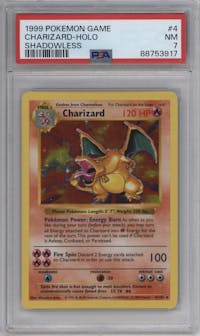 Charizard from the 1999 Pokemon set graded by PSA and given an overall grade of 7.