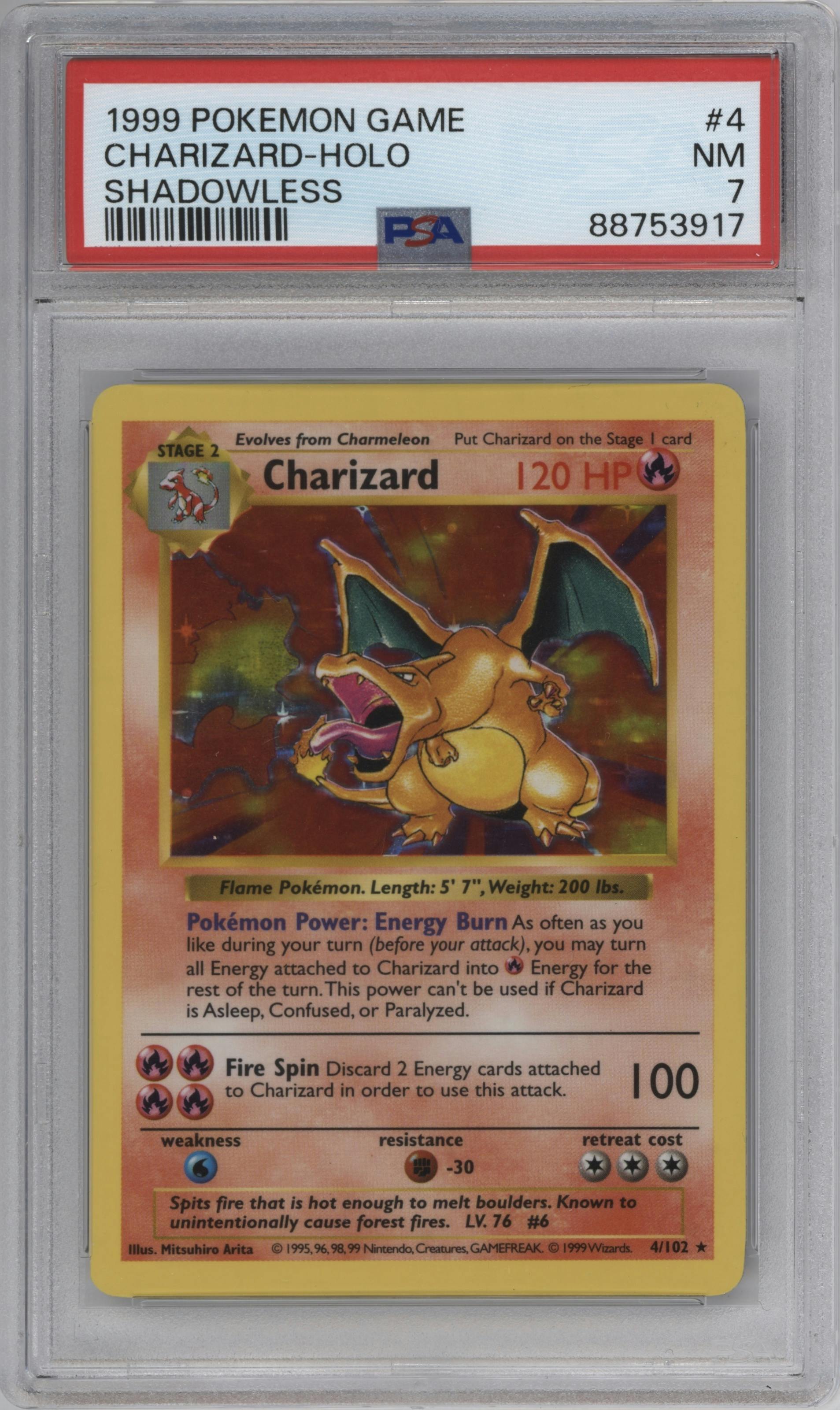 Charizard from the 1999 Pokemon set graded by PSA and given an overall grade of 7.